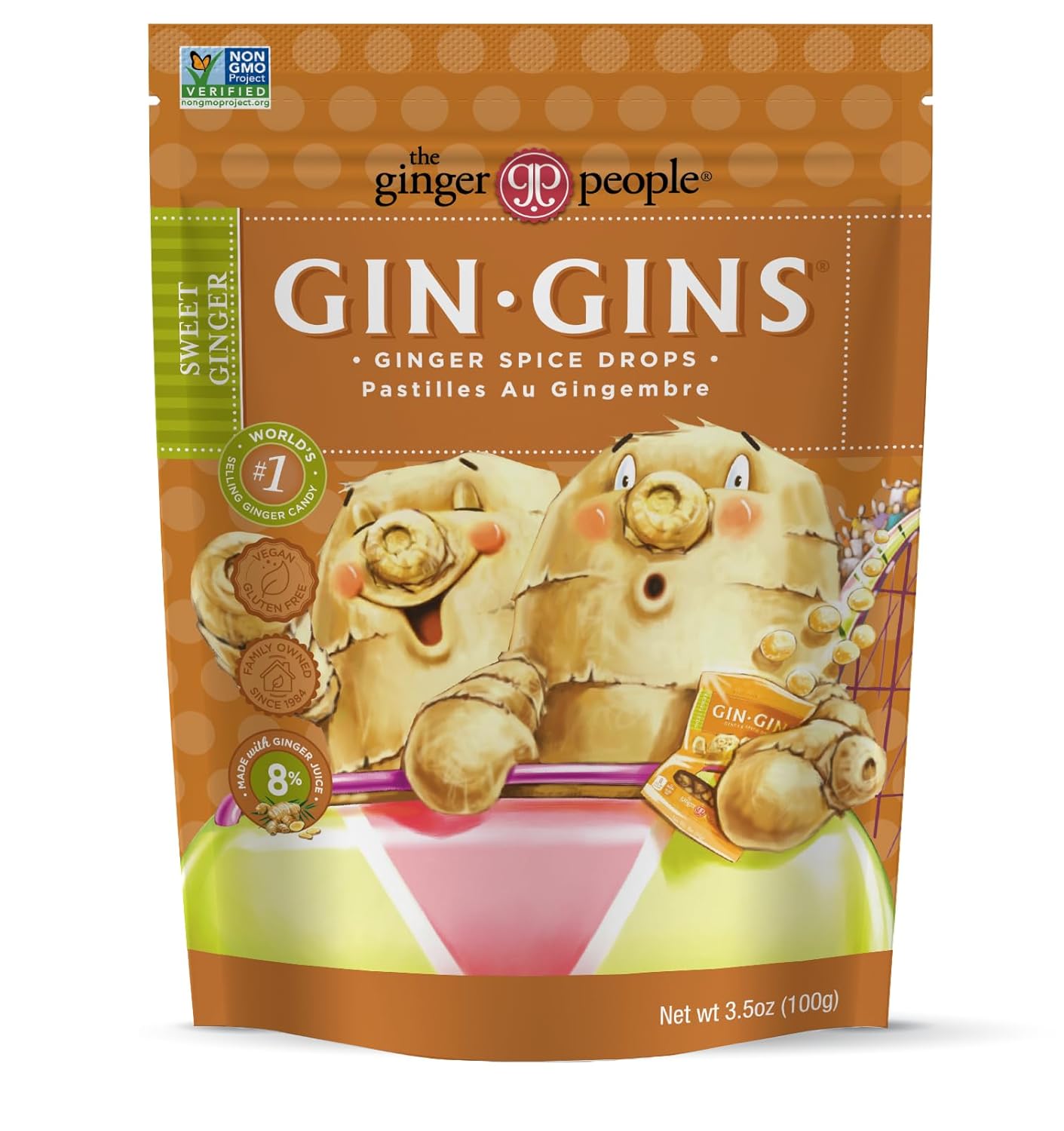 GIN GINS Spice Drops Ginger Candy di The Ginger People &ndash; Aiuto anti-nausea e digestione, caramelle sane avvolte individualmente &ndash; Borse da 3,5 once - Confezione da 1