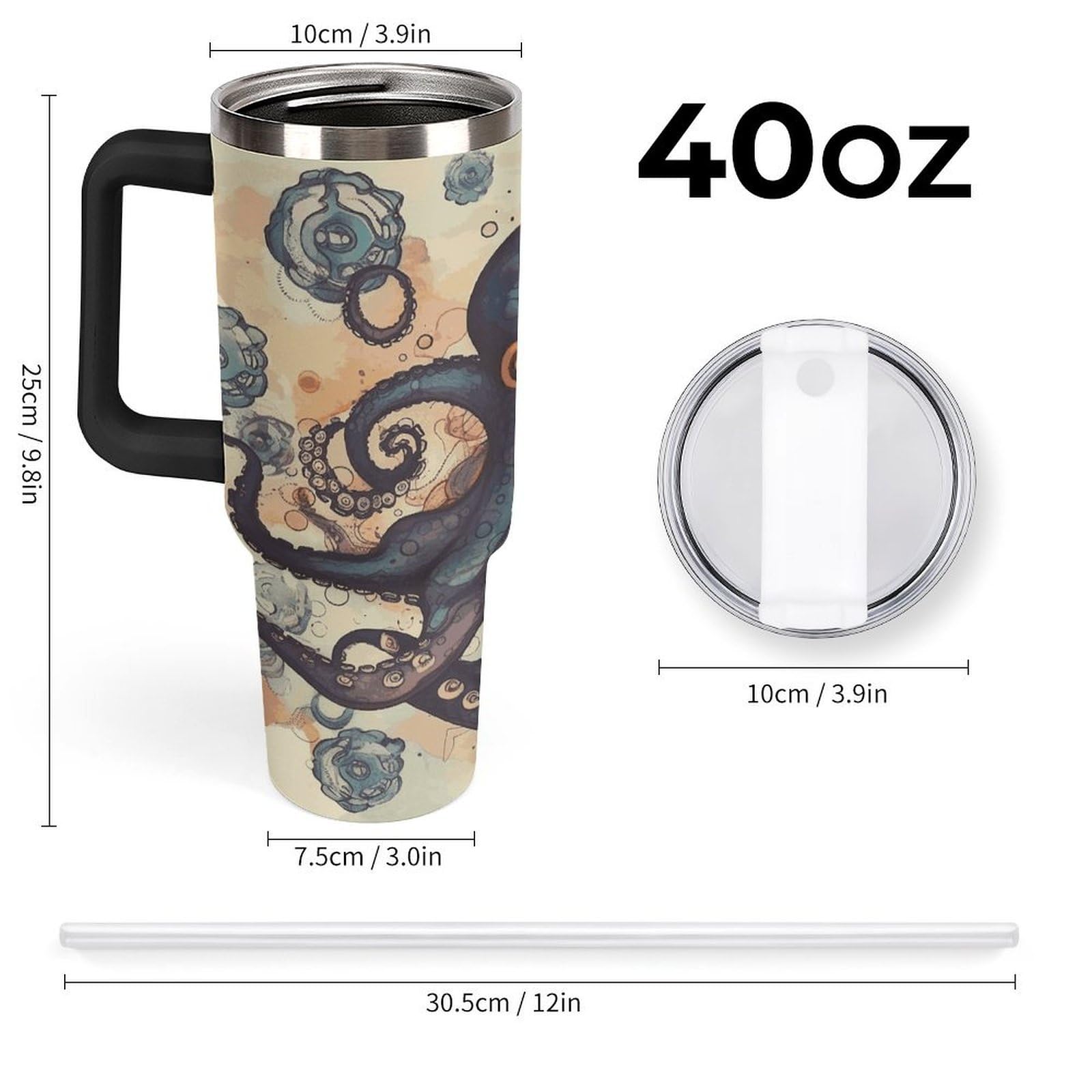Retro-Oktopus-Tassen mit Strohhalm und Griff, doppelwandige Vakuumisolierung, Wasserflaschen für Eiskaffee, Tee, heiße und kalte Getränke