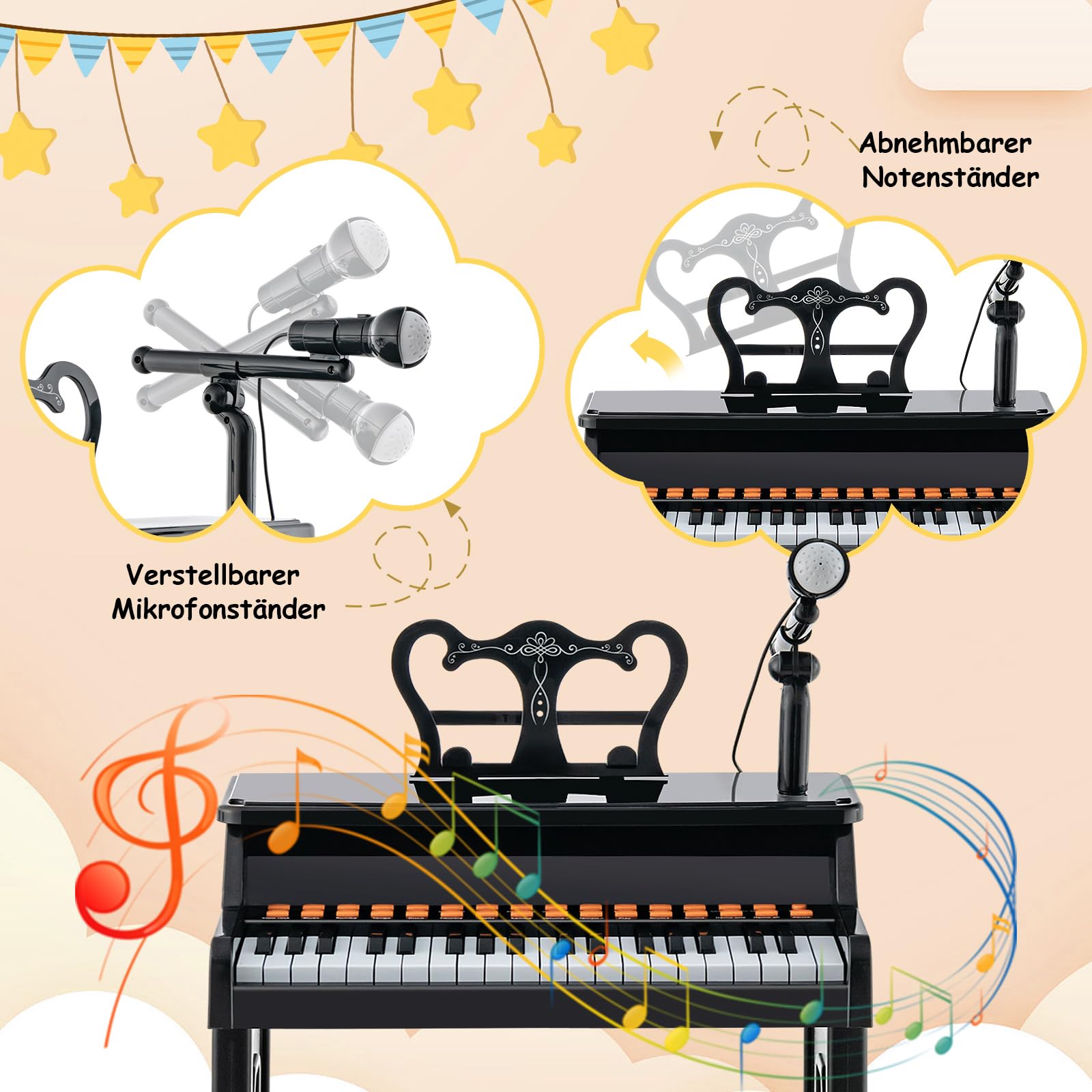 COSTWAY 37-Tasten Kinder Keyboard, elektronisches Kinderklavier mit Hocker, verstellbarem Mikrofon & Notenständer, Kinderpiano Klaviertastatur für Kinder ab 3 Jahren (Schwarz)