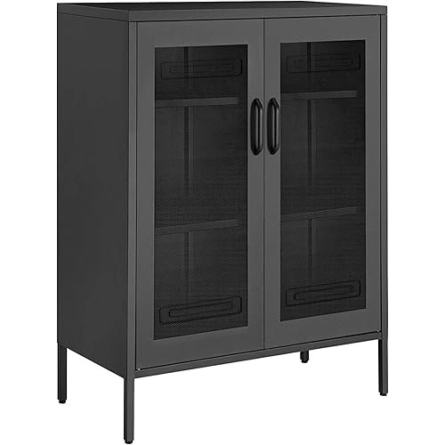 SONGMICS Metal Storage Cabinet with Mesh Doors, Steel Display Cabinets with Adjustable Shelves for Bathroom Home Office, Black UOMC002B01