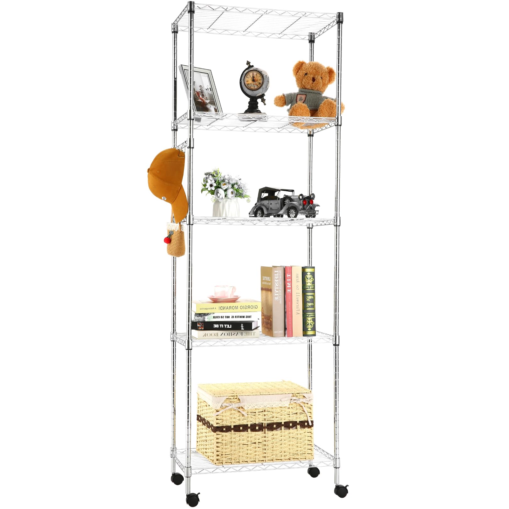 Himimi 5-Tier Storage Shelf Wire Shelving Unit on Wheels Heavy Duty Metal Shelves Adjustable Steel Rack Organization for Kitchen Garage Basement, Silver