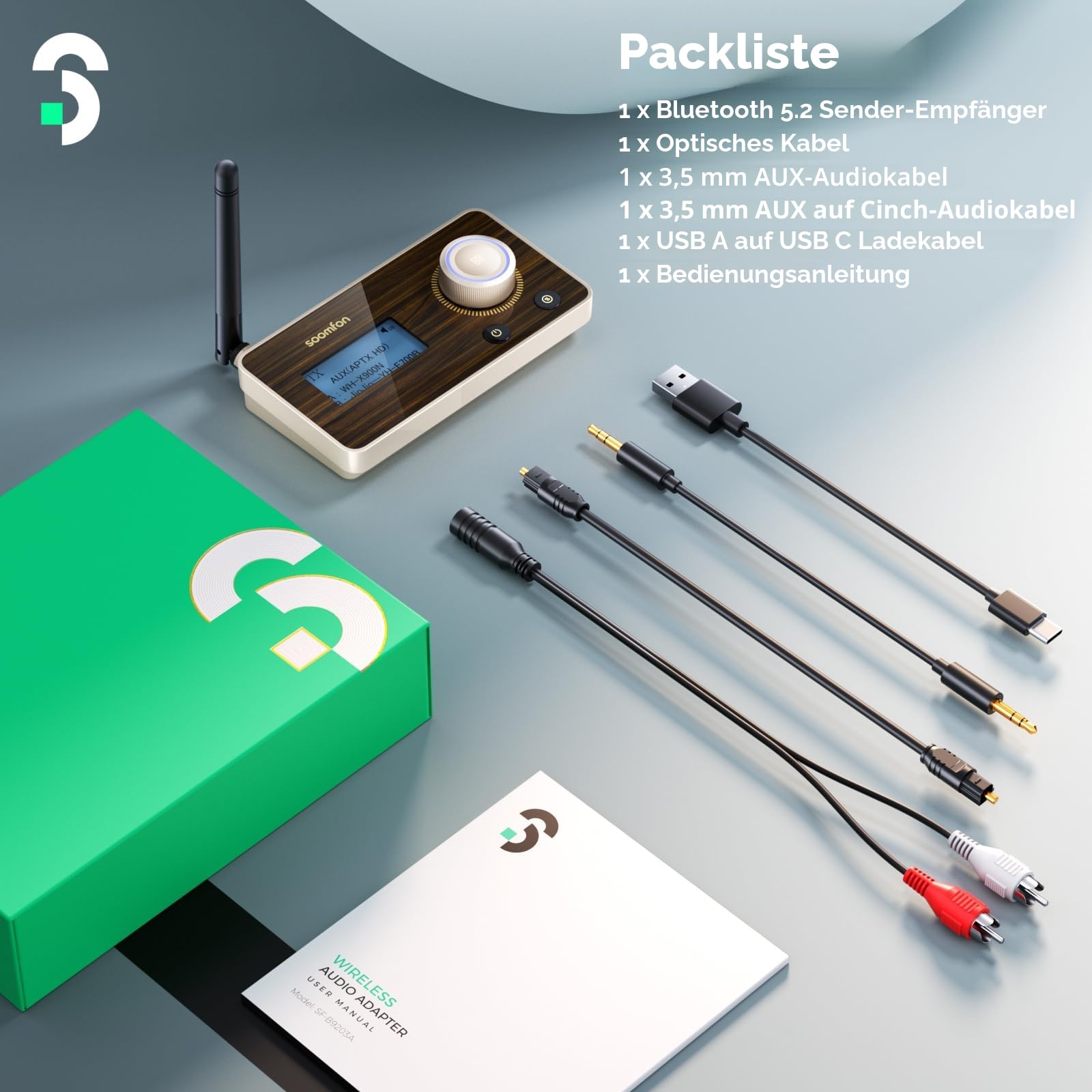 SOOMFON aptX LL & HD Bluetooth 5.2 Sender Empfänger, 3-in-1 HiFi Bluetooth Adapter Transmitter Receiver für TV, Stereoanlage & Kopfhörer, Lautstärke Regeln, Duale Verbindung, Aux/Optisch/RCA