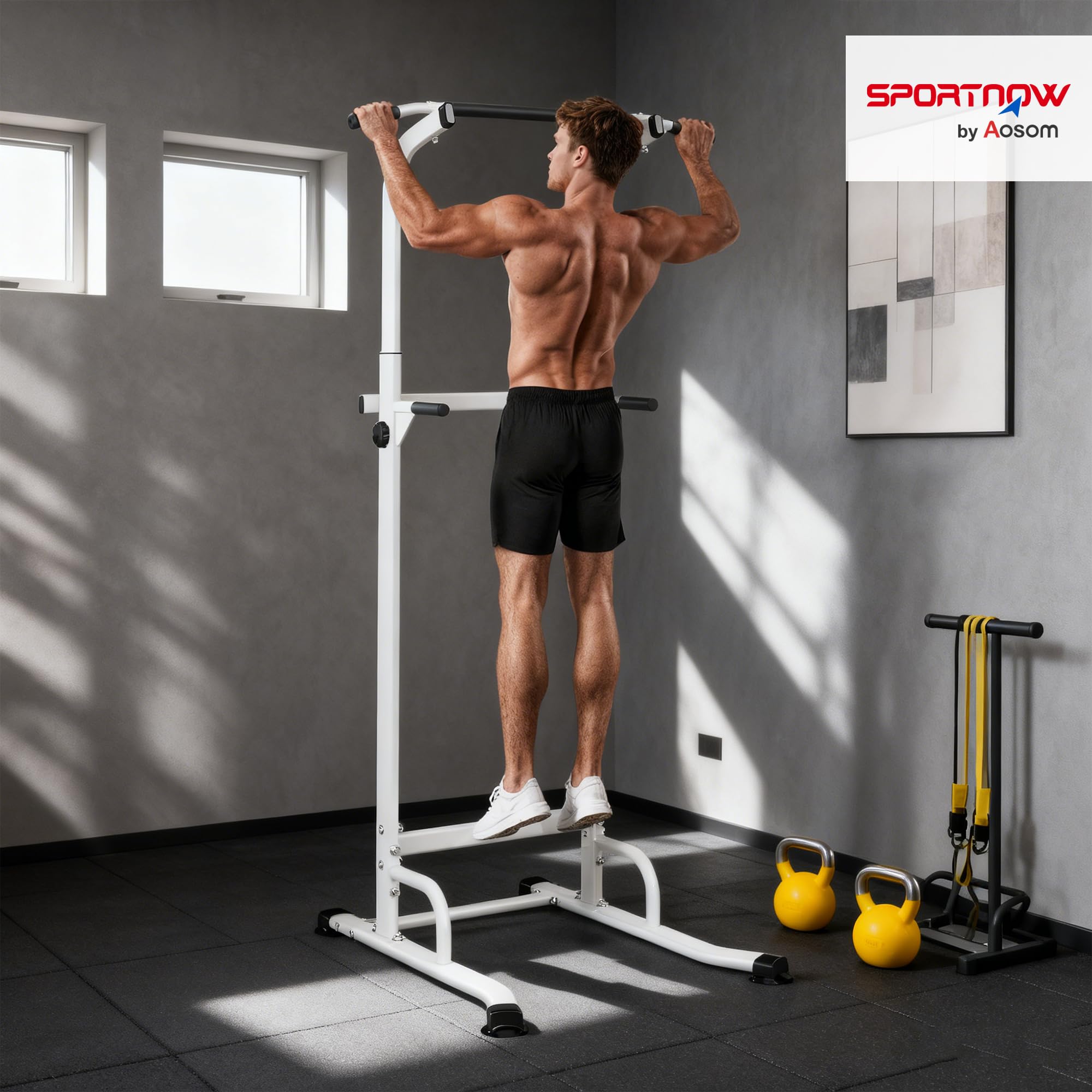SPORTNOW Power Tower con Barre per Dip e Trazioni, Power Tower Multifunzione con Altezza Regolabile 176.5-227 cm, Struttura in Acciaio per Allenamento a Casa Palestra, Capacità 120 kg
