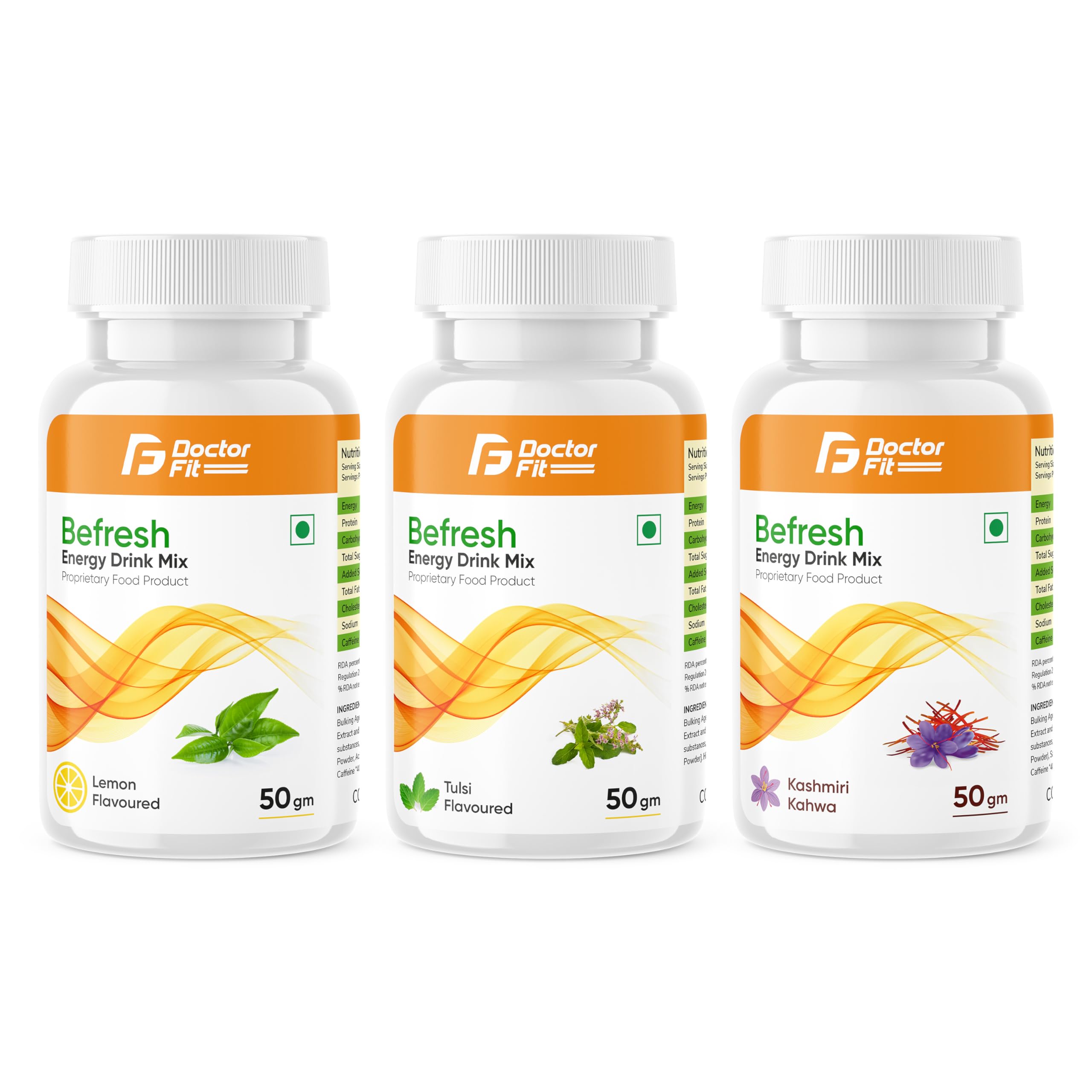 Befresh Energy Drink Mix ((50g X 3 Combo), Lemon + Tulsi + Kashmiri Kahwa)