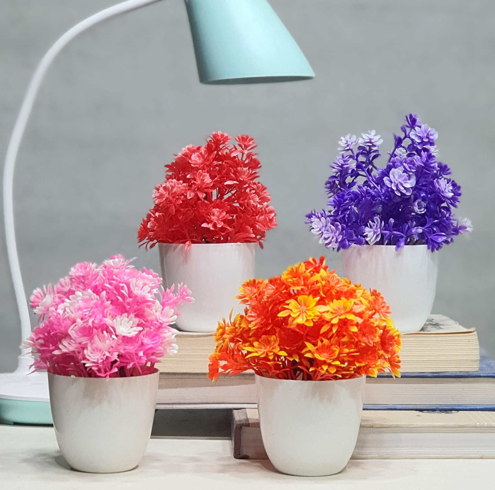 LitleoSet of 4 Great for Home Mini Multi Bright Color Bonsai Artificial Flowers Plants (Multicolor)
