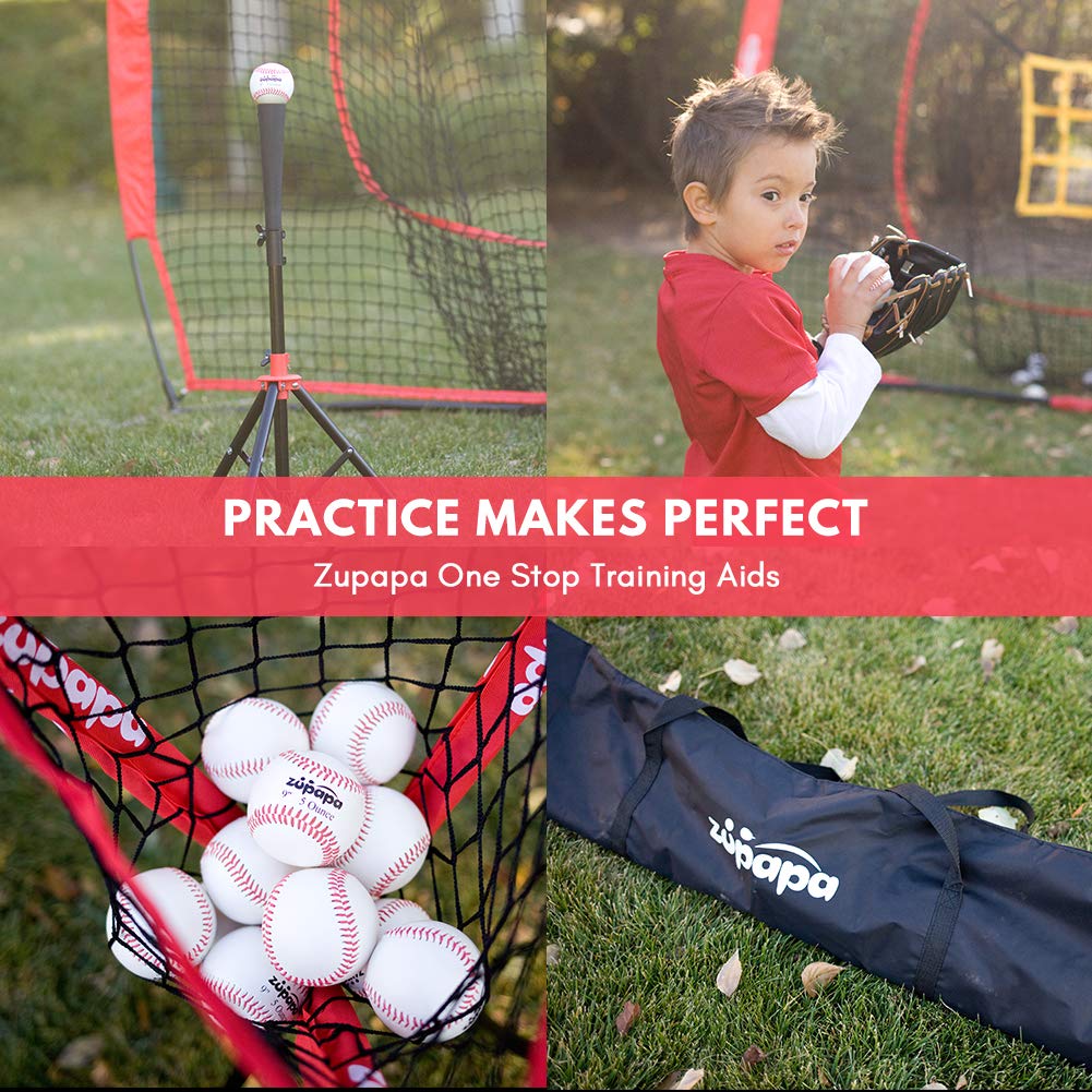 Zupapa Baseball Softball Practice Set - 7 by 7 Feet Net Tee Caddy 12 Baseballs Combo with Strike Zone, Baseball Backstop Practice Net for Batting Hitting Pitching Catching, Team Color (Red)