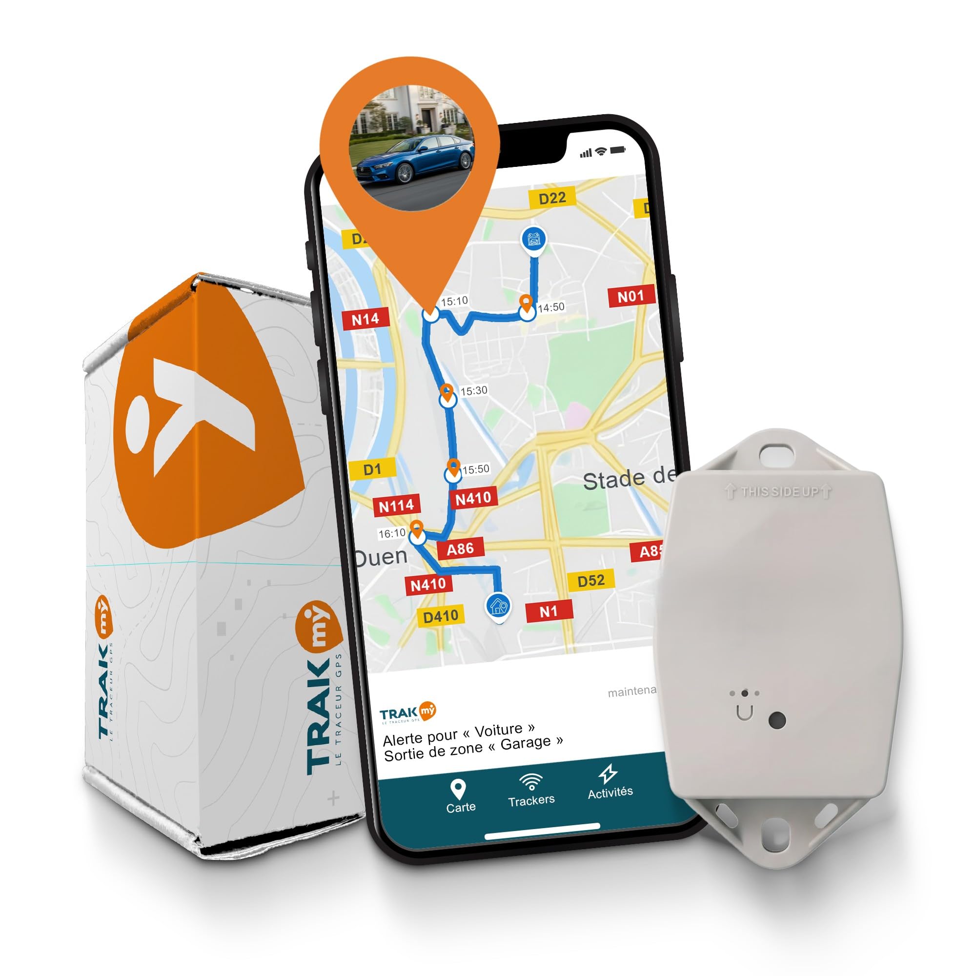 Tracciatore GPS Maxi bianco, per auto e moto, durata 5 anni, monitoraggio discreto, senza ricarica, abbonamento richiesto tramite app, ideale per veicoli, rimorchi, barche, cantieri