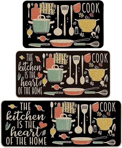 Artoid Mode Balck The Kitchen is The Heart of The Home - Juego de 3 alfombrillas de cocina para fiestas de bajo perfil para cocina del hogar, 17 x