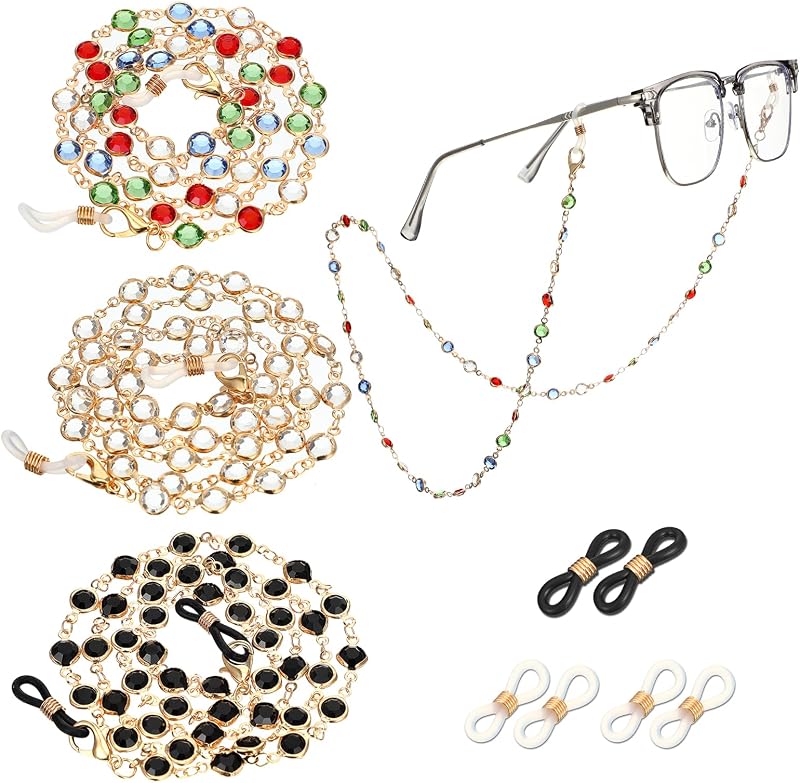 3PCS Crystal Beaded Eyeglasses Chain Gold Glasses Chain for Women and Girls Beads Eyeglasses Holders Around Neck Eyeglass Chains for Women Strap Reading Lanyard