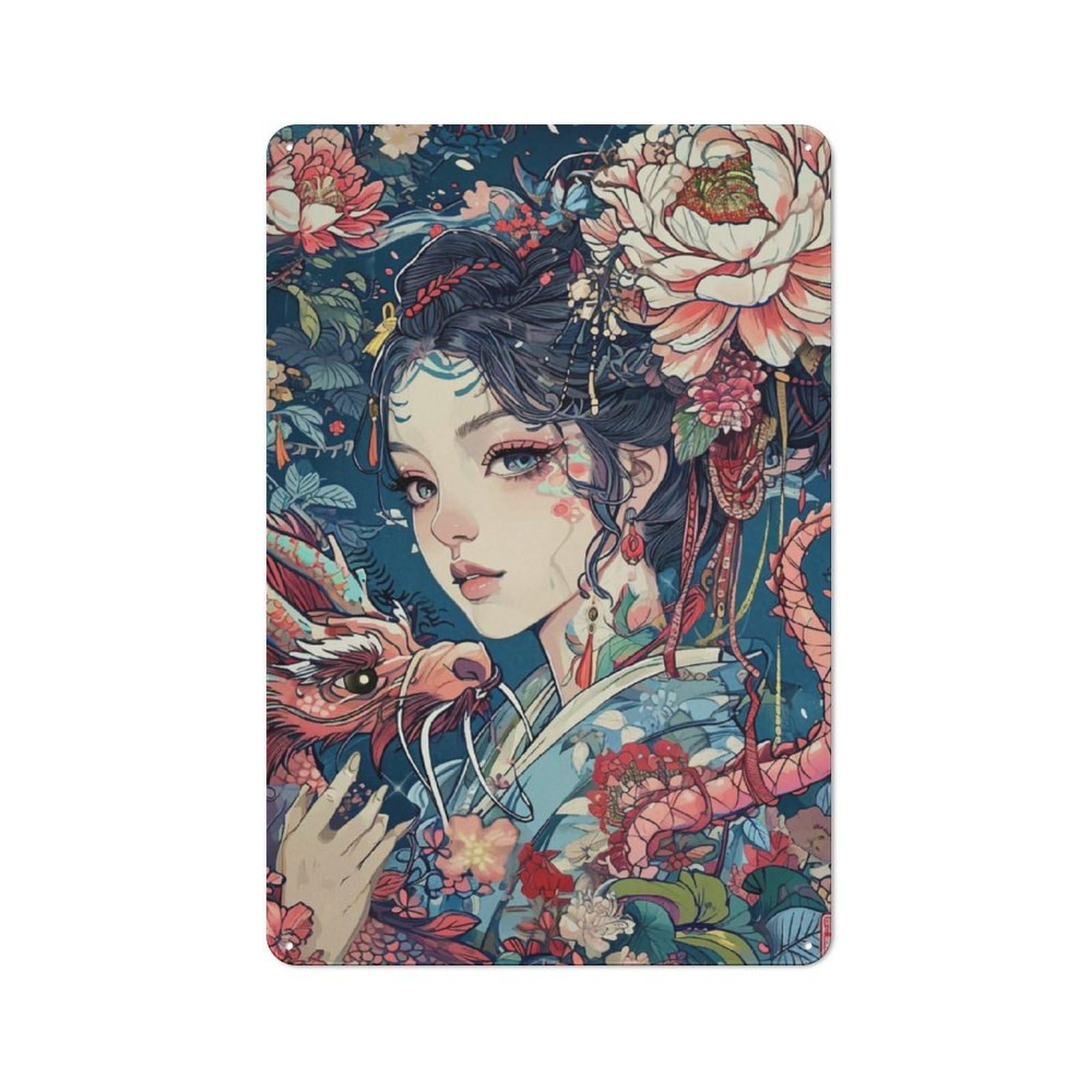 Junmoney Geisha Dragon Japanese Retro Metal Wall Sign 30X20cm With For Workshop Wall, For Vintage Wall Decor Fans, For Garage And Workshop Walls