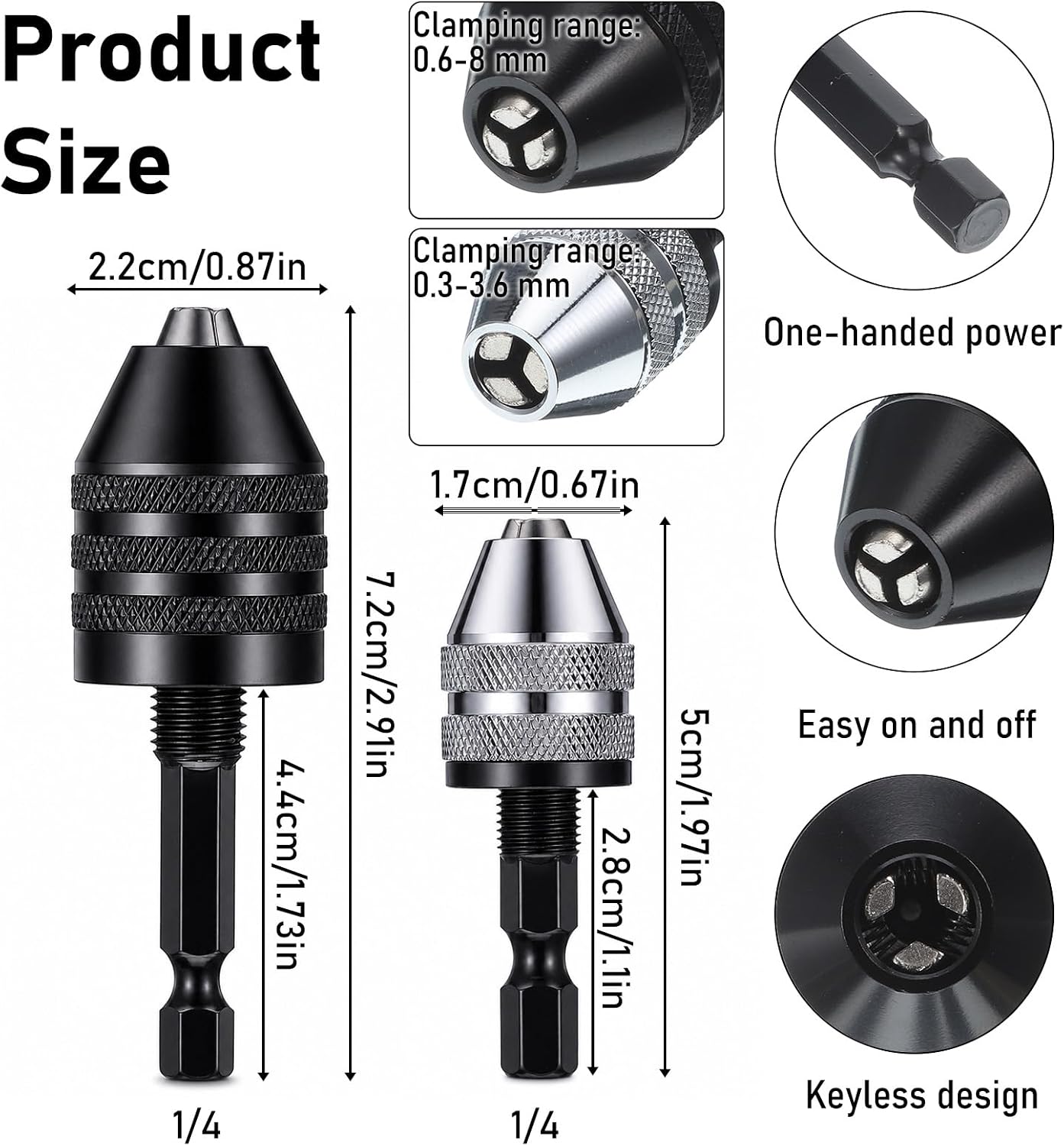 2Pcs 1/4 Inch Drill Chuck Adapter Keyless (0.6-8mm,0.3-3.6mm)