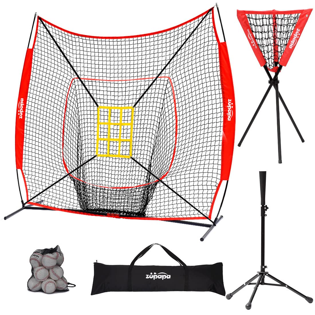 Zupapa Baseball Softball Practice Set - 7 by 7 Feet Net Tee Caddy 12 Baseballs Combo with Strike Zone, Baseball Backstop Practice Net for Batting Hitting Pitching Catching, Team Color (Red)