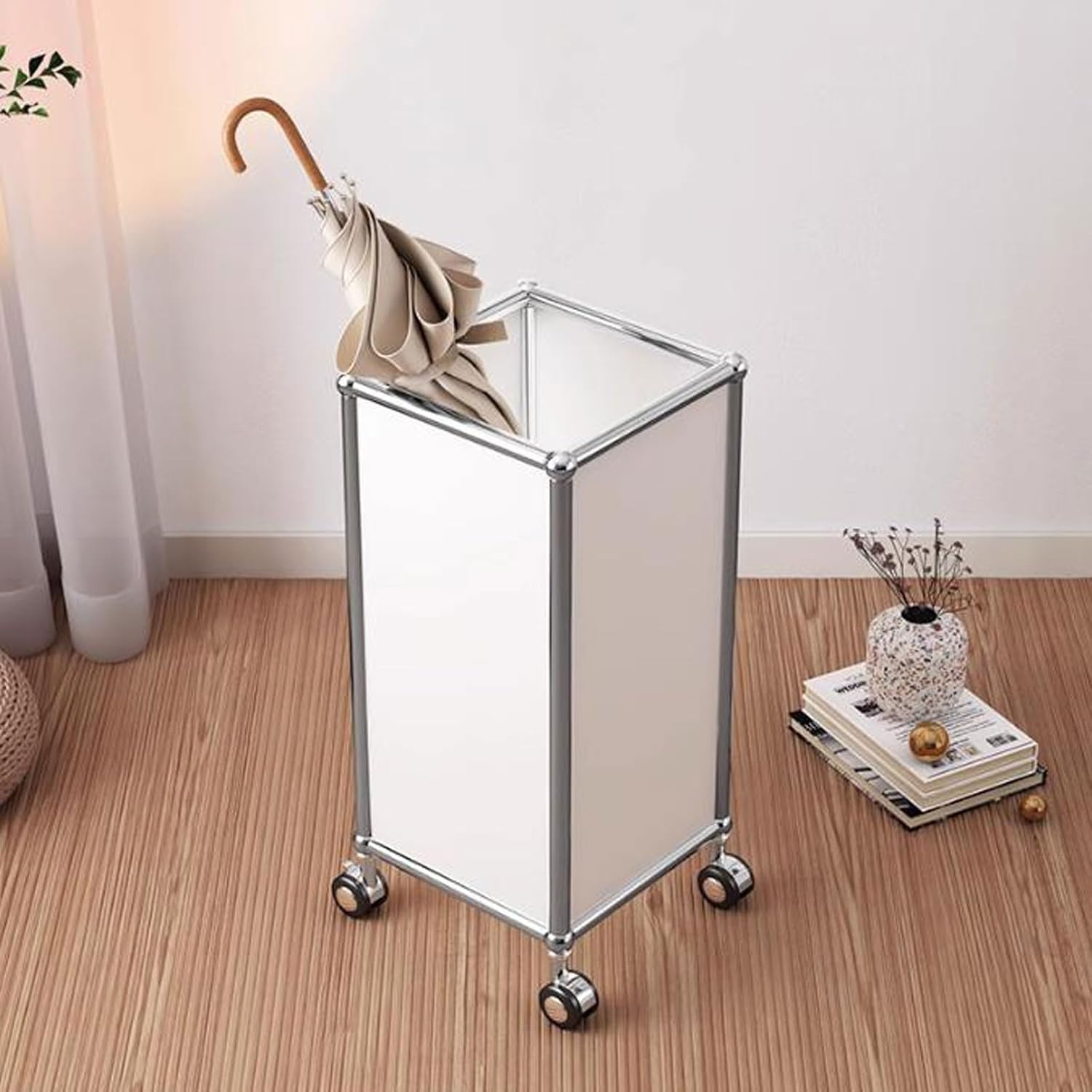 Stainless Steel Umbrella Stand with Rolling Wheels, Modern Metal Umbrella Holder for Entryway, Home & Office Décor, Perfect for Storing Umbrellas & Canes