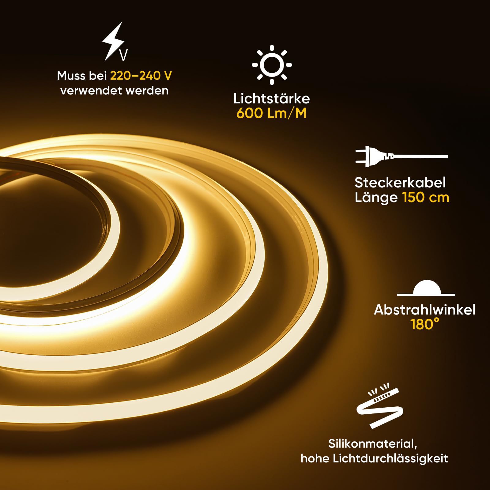 Shine Decor 3D Bend Neon LED Strip, AC 220V-240V Flexibler Neon LED Streifen, IP65 Wasserdichter Neon Lichtstreifen aus Silikonmaterial mit CE-Zertifizierung für Küche und Wohnzimmer (5M, Warmweiß)