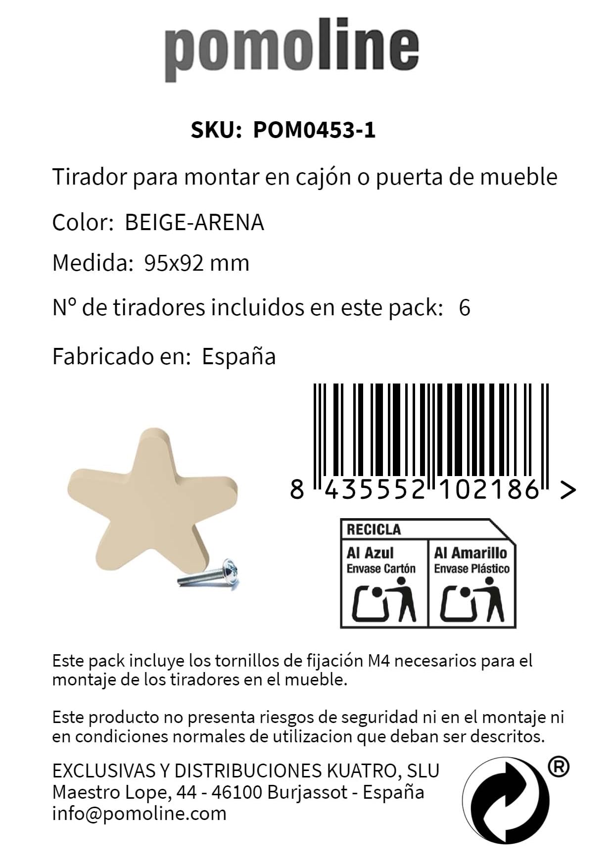 6 Un. TIRADOR Pomo Mueble BEBÉ ESTRELLA madera lacada beige claro arena 95x92mm