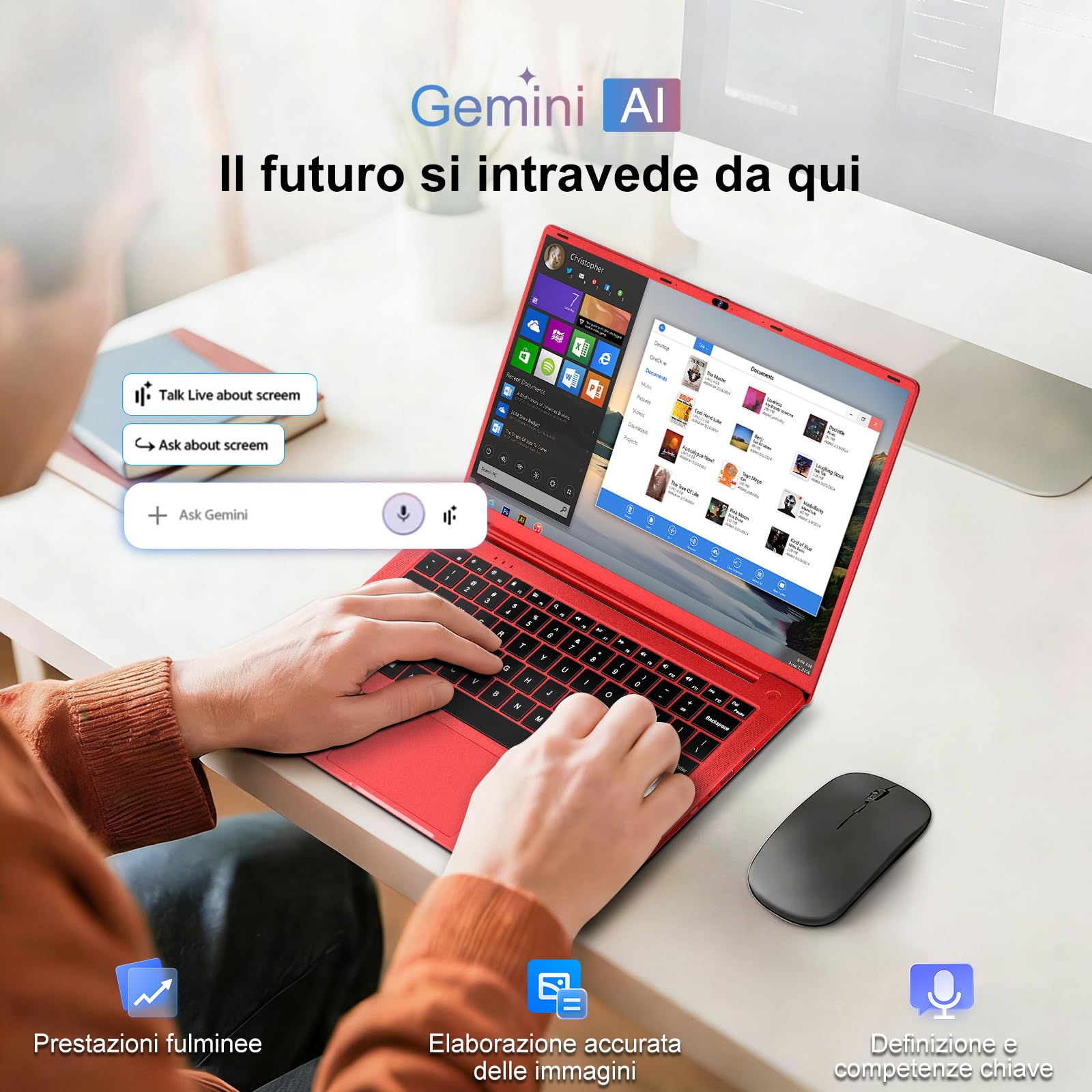 Pc Portatile 14 Pollici Win11 Notebook Celeron N5095 Upto 2,9 GHz Notebook 8GB RAM 256GB SSD TF 1TB LPDDR4 5G WiFi 1920*1080 FHD USB 3.0 Laptop QWERTY Tastiera Film Italiana - Rosso Corpo in Metallo-9