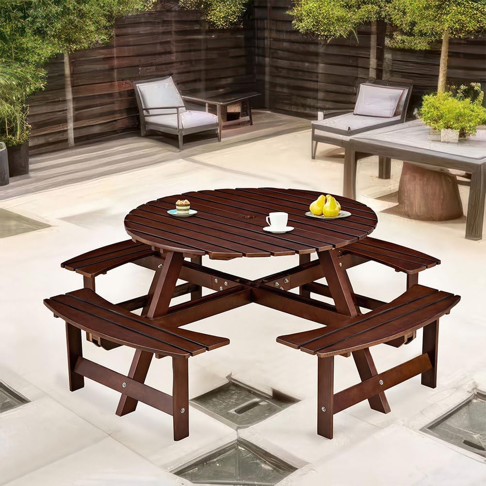 Kids Picnic Table, 8 Person Outdoor Picnic Tables & Benches Set with Umbrella Hole and 4 Built-in BenchesOutside Table and Bench Set for Park, Garden, Backyard, Patio,Brown