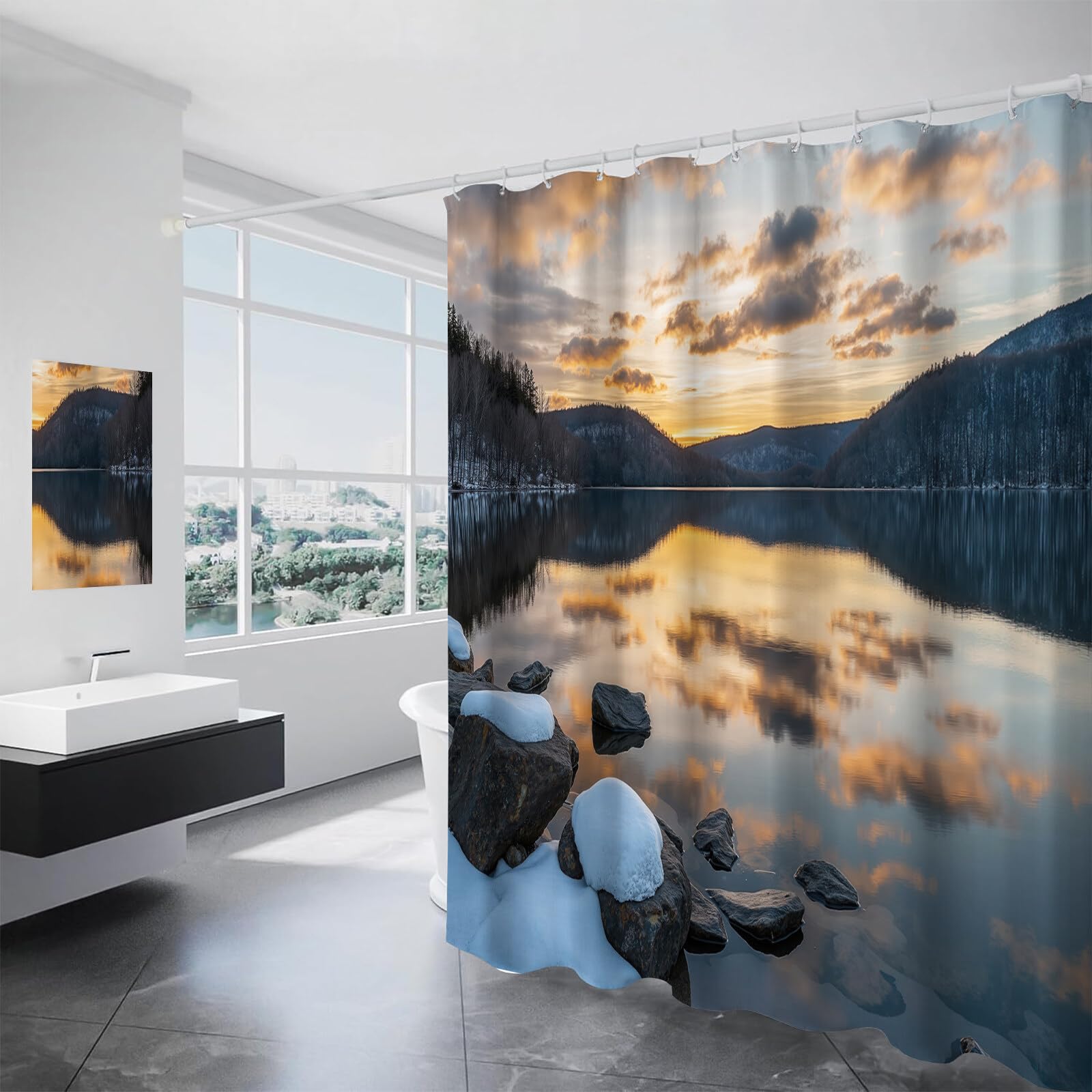 Rideau Douche,Rideau Baignoire Lavable en Machine Rideaux Douche Tissus Lavable Rideau De Baignoire Lavable pour Salle De Bain Domicile Baignoire Famille,Lac Sunset,