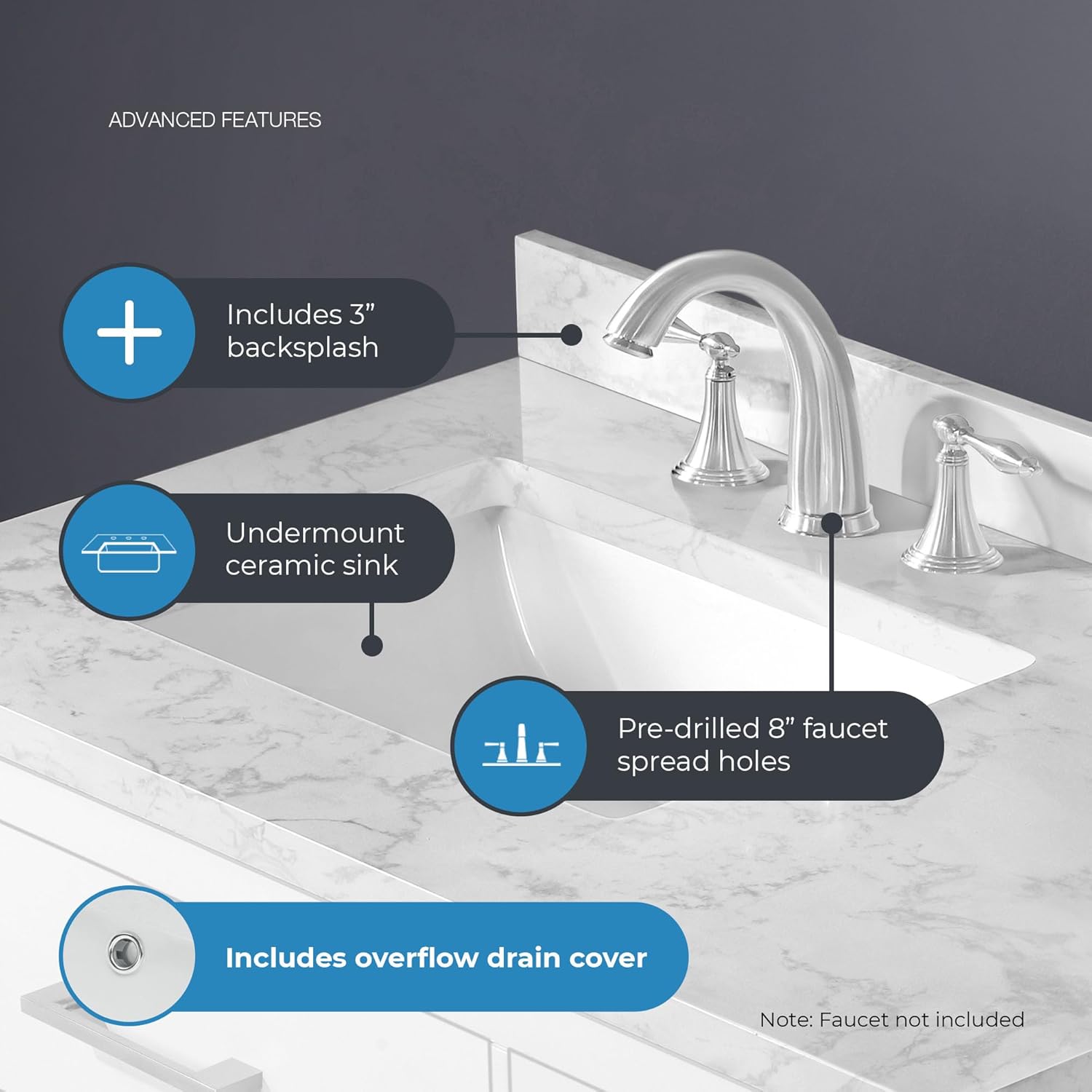 OVE Decors Athea 36" Single Undermount Sink Bathroom Vanity with Cultured Marble Countertop, Backsplash, Power Bar in White Finish