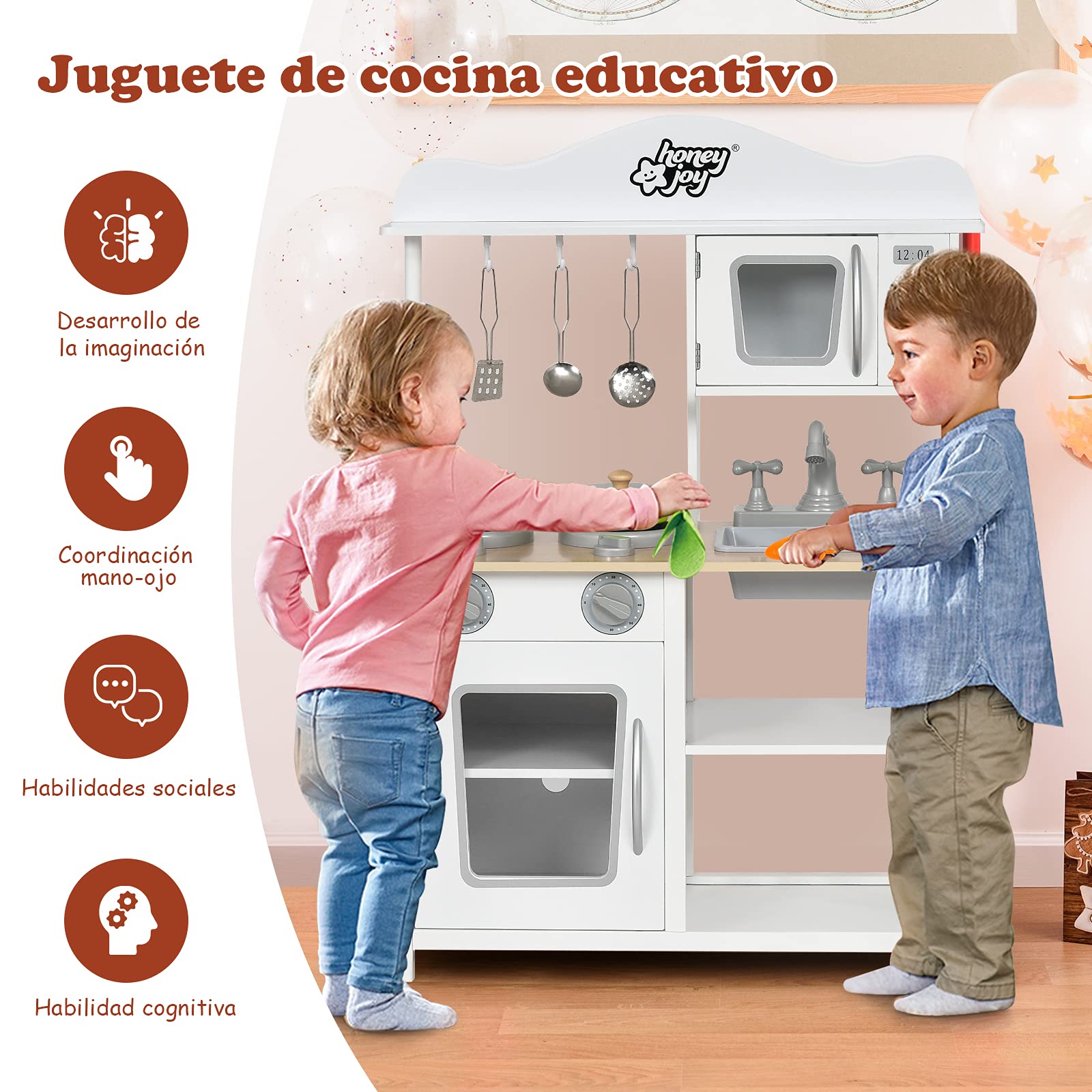 COSTWAY Cocina Juguete, Cocinita de Madera Infantil con Fregadero, Horno, Microondas, Gogones, Ollas, Cozinha Criança para Niños y Niñas 3+ Años, 60x30x83 cm