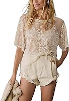 OPCAKM Women's Sexy Lace Mesh Top - Short Sleeve Embroidered Sheer See-Through Blouse, Oversized Loose Fit