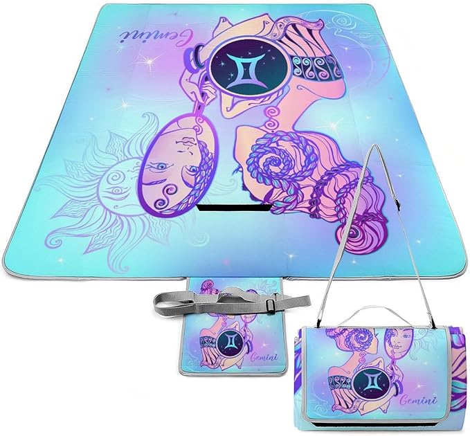 Zodiac-Sign-Gemini Square Large Picnic Mat Foldable Picnic Blankets Outdoor Beach Blanket for Travel Park Grass Camping Hiking 58.3x58.3in