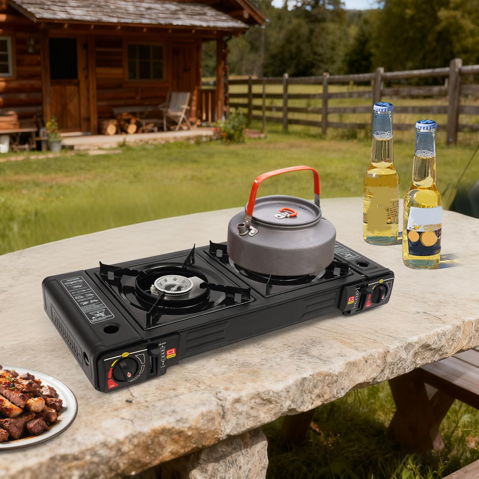 Fornello da campeggio a 2 fuochi da 2500 W, con piastra e borsa per il trasporto, fornello a gas portatile con accensione piezoelettrica e protezione da sovratensione, barbecue a gas per esterni, per