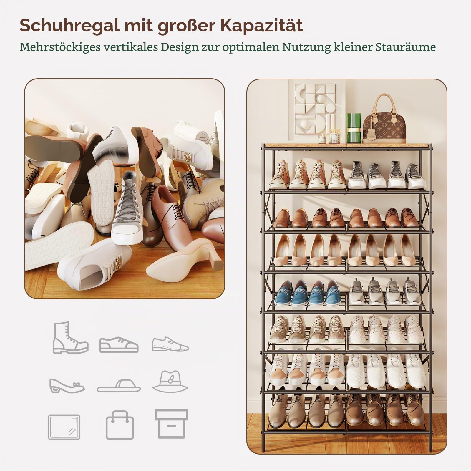 IBUYKE Schuhregal mit 8 Etagen, Große Kapazität Schuhregal mit Ablage für 32 Paar Schuhe, Platzsparend Metall Schuhablage für Eingang Flur Wohnzimmer, Rustikale Braun TXJ018H