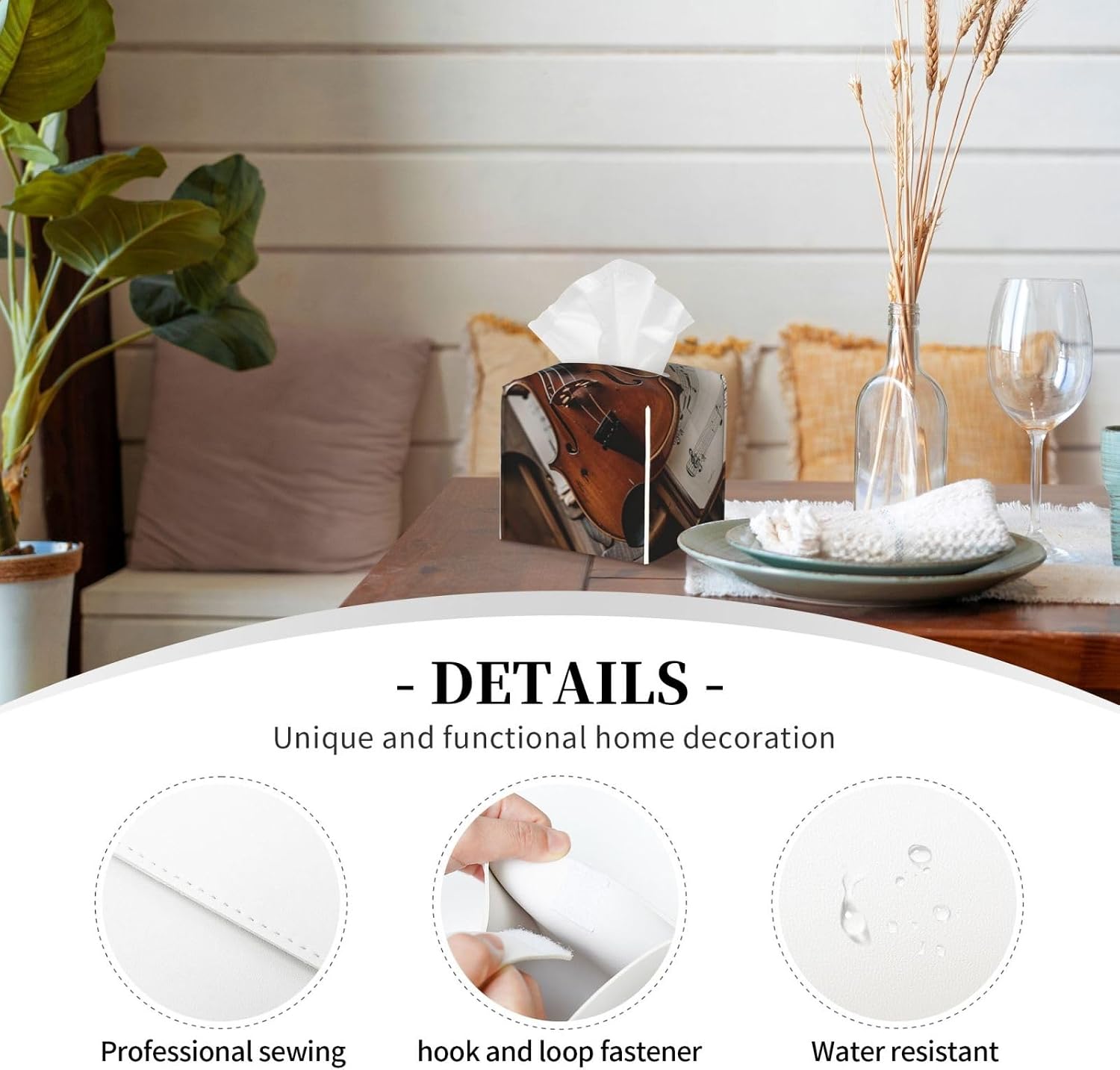 Square Tissue Box Cover - Piano Violin Music Notes - Leather Tissue Box Cover Rectangular Waterproof, Great for Bathroom, Kitchen, Bedroom, Dining Table, Office image 3