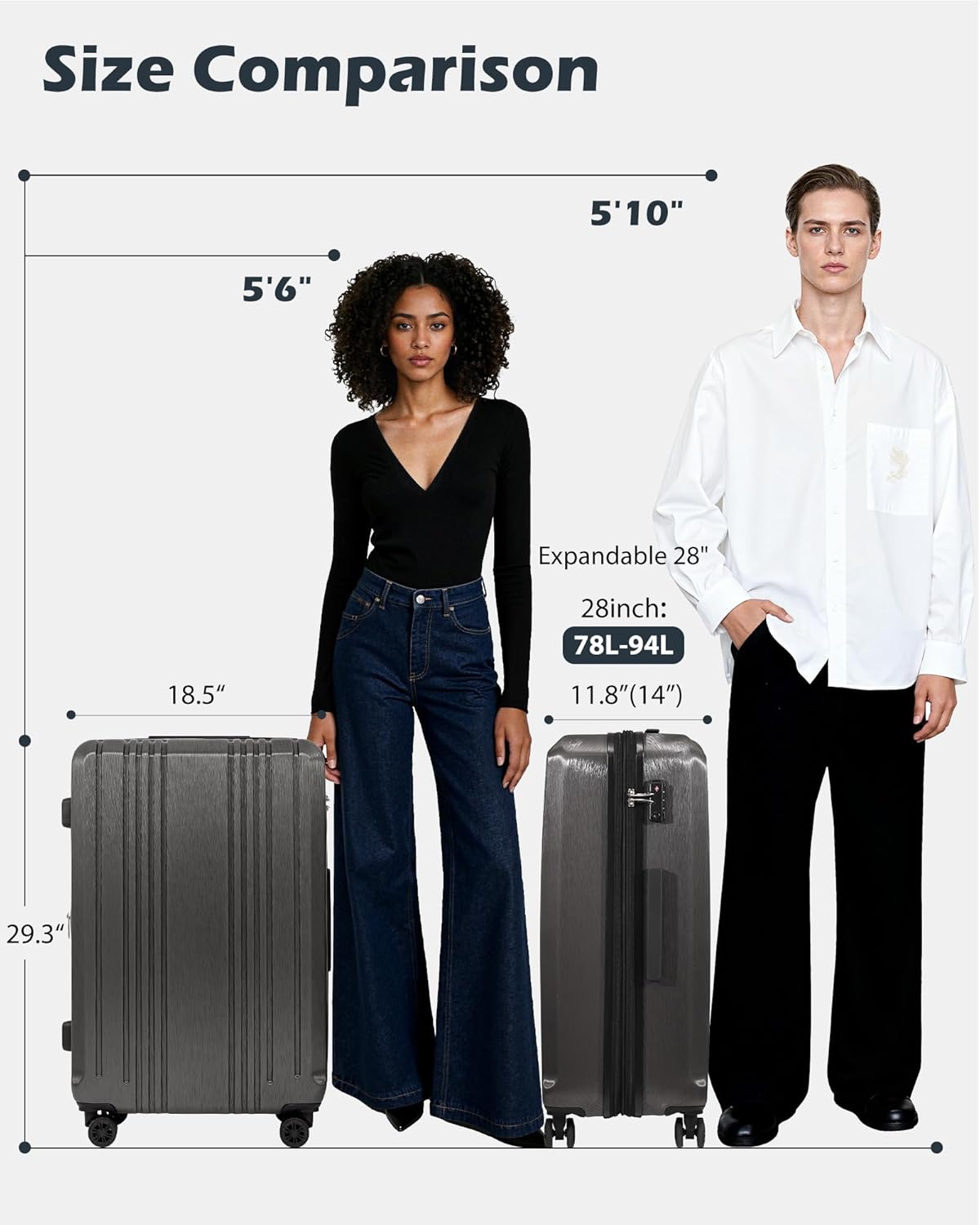 Coolife Luggage PC+ABS Expandable Hardshell Suitcase with TSA Lock, Spinner Checked Lightweight (white, L(28IN)) - Image 3