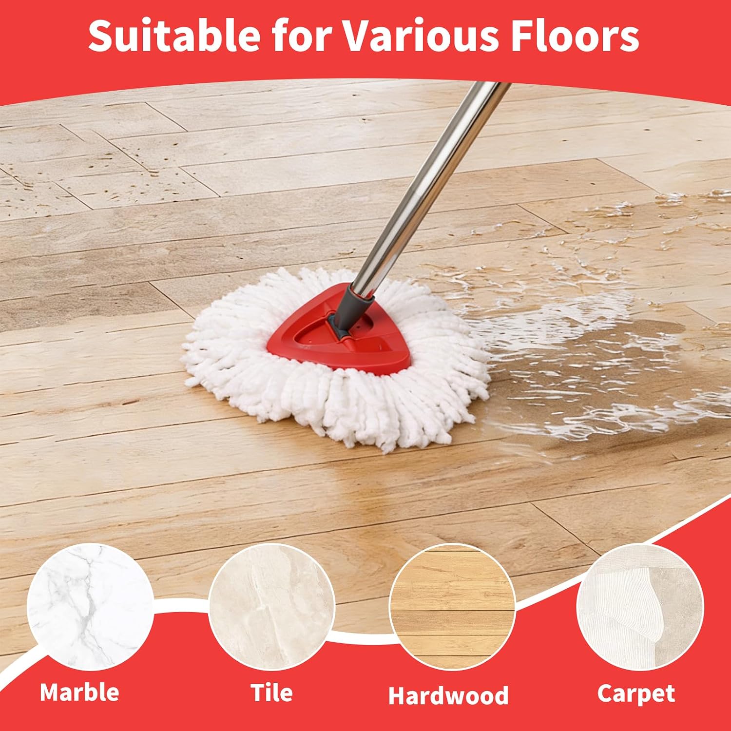Mop Replacement Heads, Handle, Base Compatible with O Cedar EasyWring 1-Tank Spin Mop System, 2 Microfiber Mop Head Refills, 4-Section Iron Handle 30-58in and 1 Spin Base Cover Set