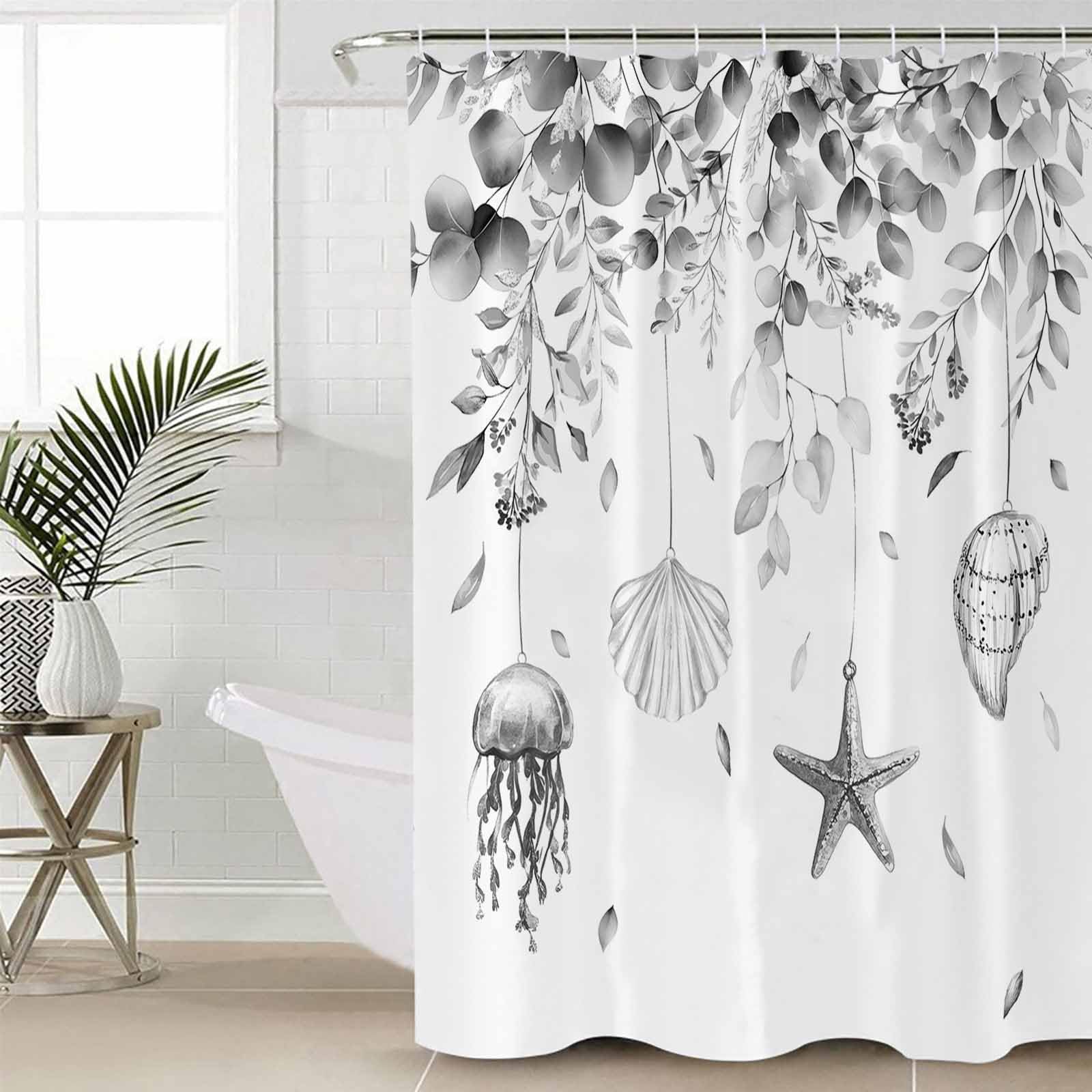 Coastal Eucalyptus Shower Curtain Set with Hook 72" x 72",Starfish Jellyfish Shell Grey White Washable Cloth Polyester Fabric Shower+Curtain,