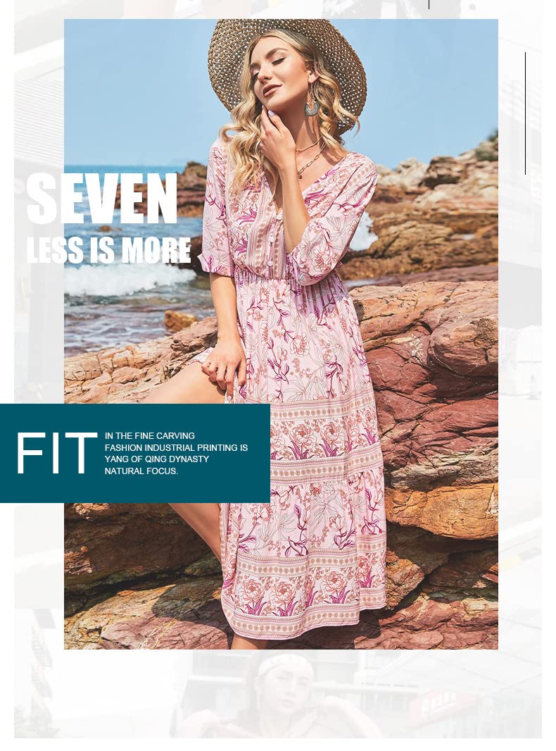 Abito Donne Floreale delle Donne Manica A Mezza Lunghezza con Scollo A V A Vita Alta A Vita Alta Bohemian A-Skirt