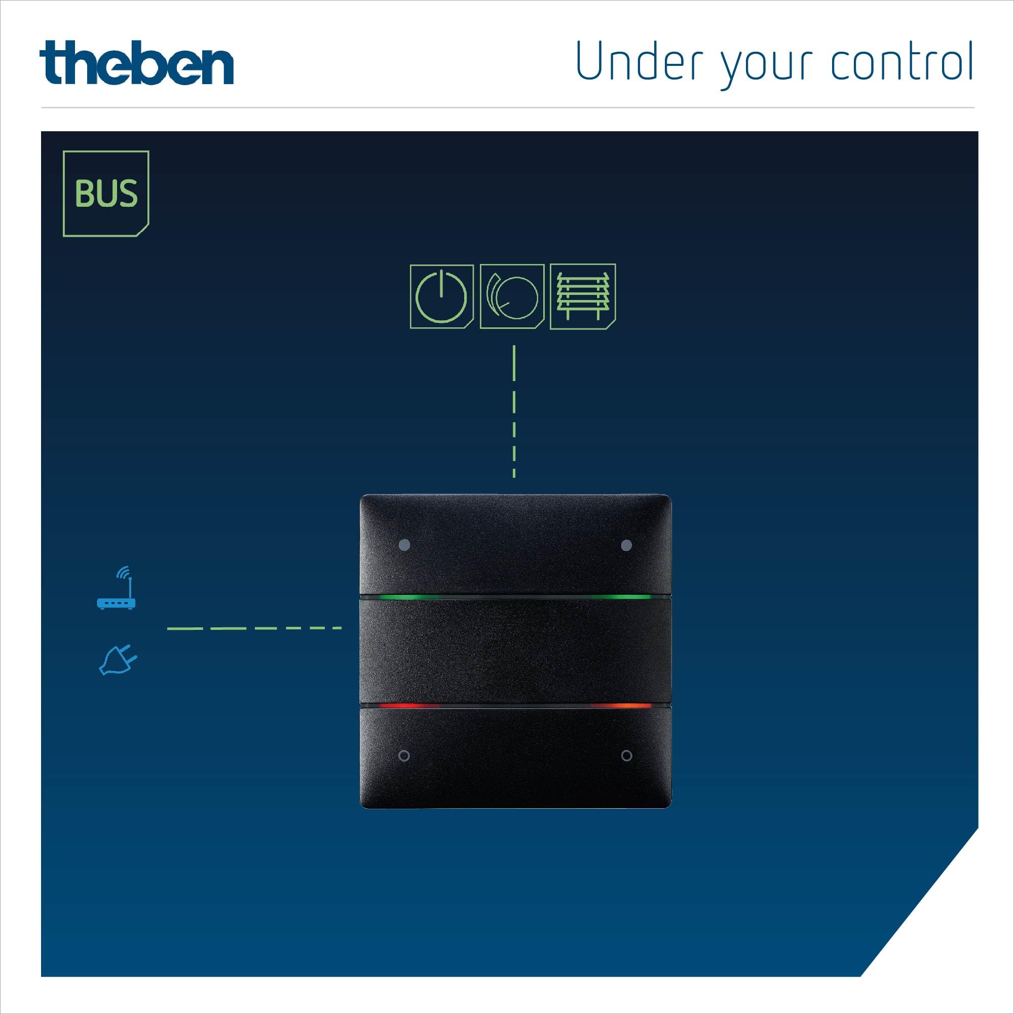 Theben 4801414 I LUXORliving iON4 BK I Capteur tactile à 4 boutons en noir I Pour le système Smart Home KNX LUXORliving I Capteur de température intégré I Interrupteur I Allumage/Dimmmage/Volet