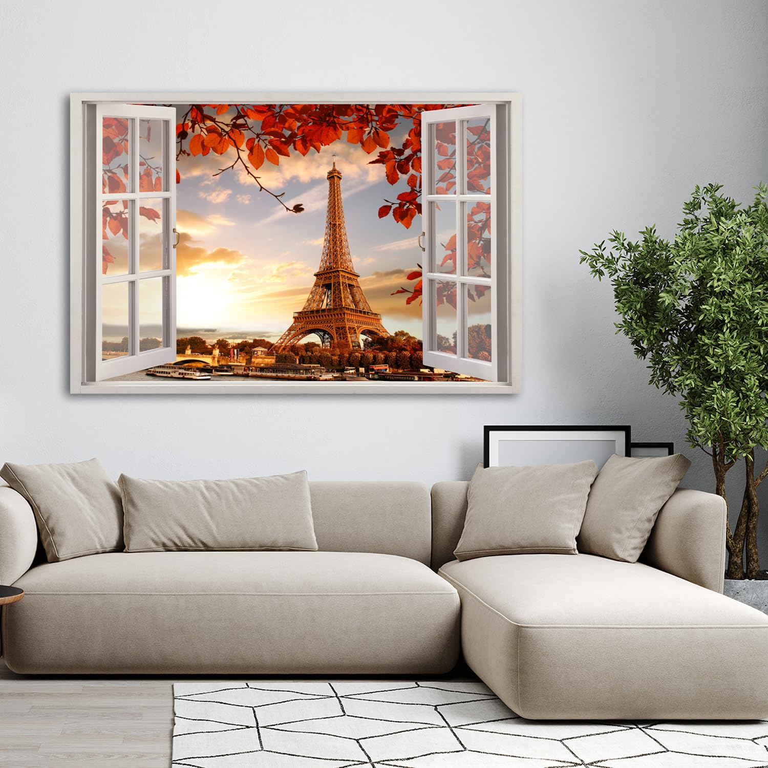 Feeby Impression sur toile intissee - Vue sur la fenêtre Paris Tour Eiffel - decoration chambre - 90x60 cm - tableau decoration murale - decoration maison - ART - poster mural