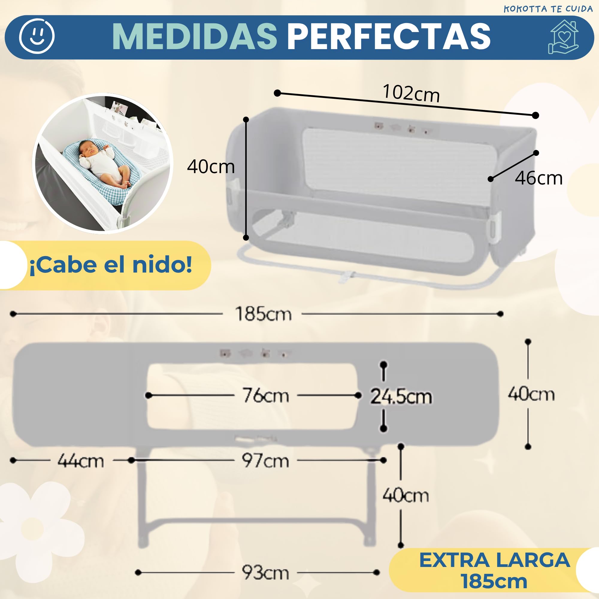 Barrera Cama Niños Evolutiva, hasta 185cm – Barandilla Anticaídas para Bebé y Cuna Colecho, Cuna de Viaje Plegable, Seguridad Infantil con Funda Lavable, Bolsa de Viaje y Cestas Almacenamiento