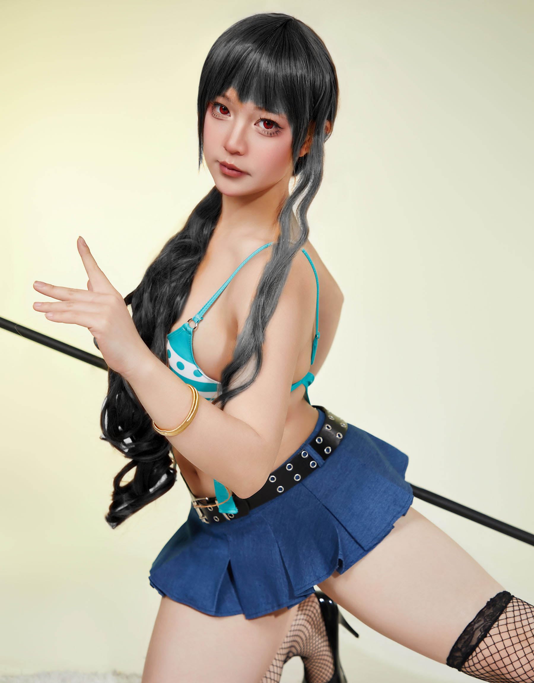 Mobbunny Women Anime Cosplay Bikini Style Lingerie High Cut Out Bodysuit and Mini Skirt Set with Belt Stockings: 1XL2XL Blue