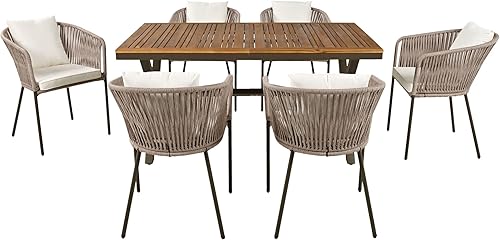 Miniatura 6 de Merax Mesa de comedor y sillas de patio de 7 piezas, juego de muebles de exterior para todo tipo de clima, mesa de madera de acacia, marco de metal,