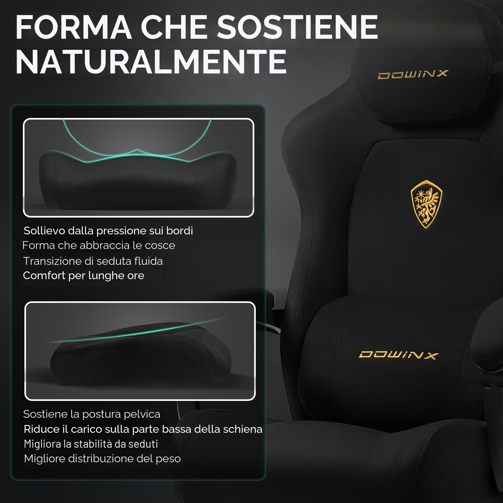 Dowinx Sedia da gaming, ergonomica, con cuscino lombare, poggiatesta regolabile in altezza, cuscino ispessito, poggiapiedi allungabile, braccioli regolabili, velluto in microfibra