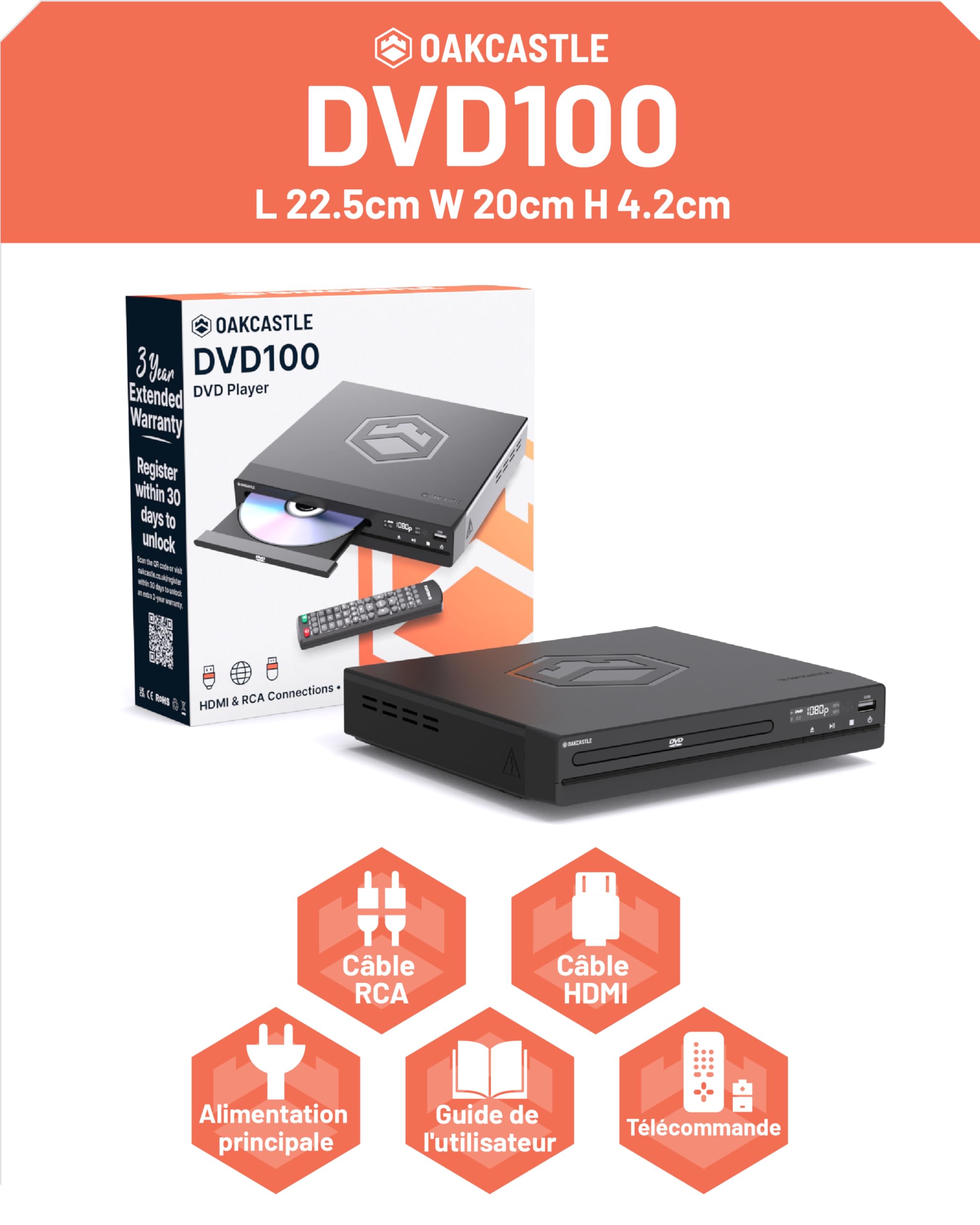 Lecteur DVD pour TV | Lecture Multirégionale | Lecteur DVD HDMI avec Upscaling 1080P | CD Player avec MP3 et USB | Câble HDMI, Câble RCA et Télécommande Inclus | OAKCASTLE DVD100