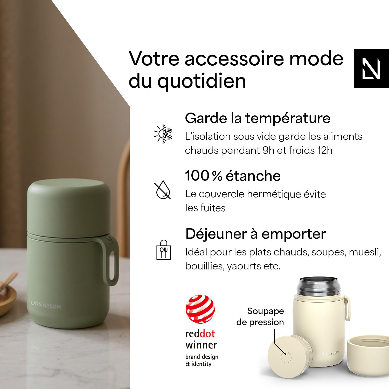 LARS NYSØM Boîte Alimentaire Isotherme en Inox - Récipient Hermétique pour Repas Chauds ou Froids, Thermos à Large Ouverture pour Soupe, Bureau & Voyage (Almond Beige, 700ml)