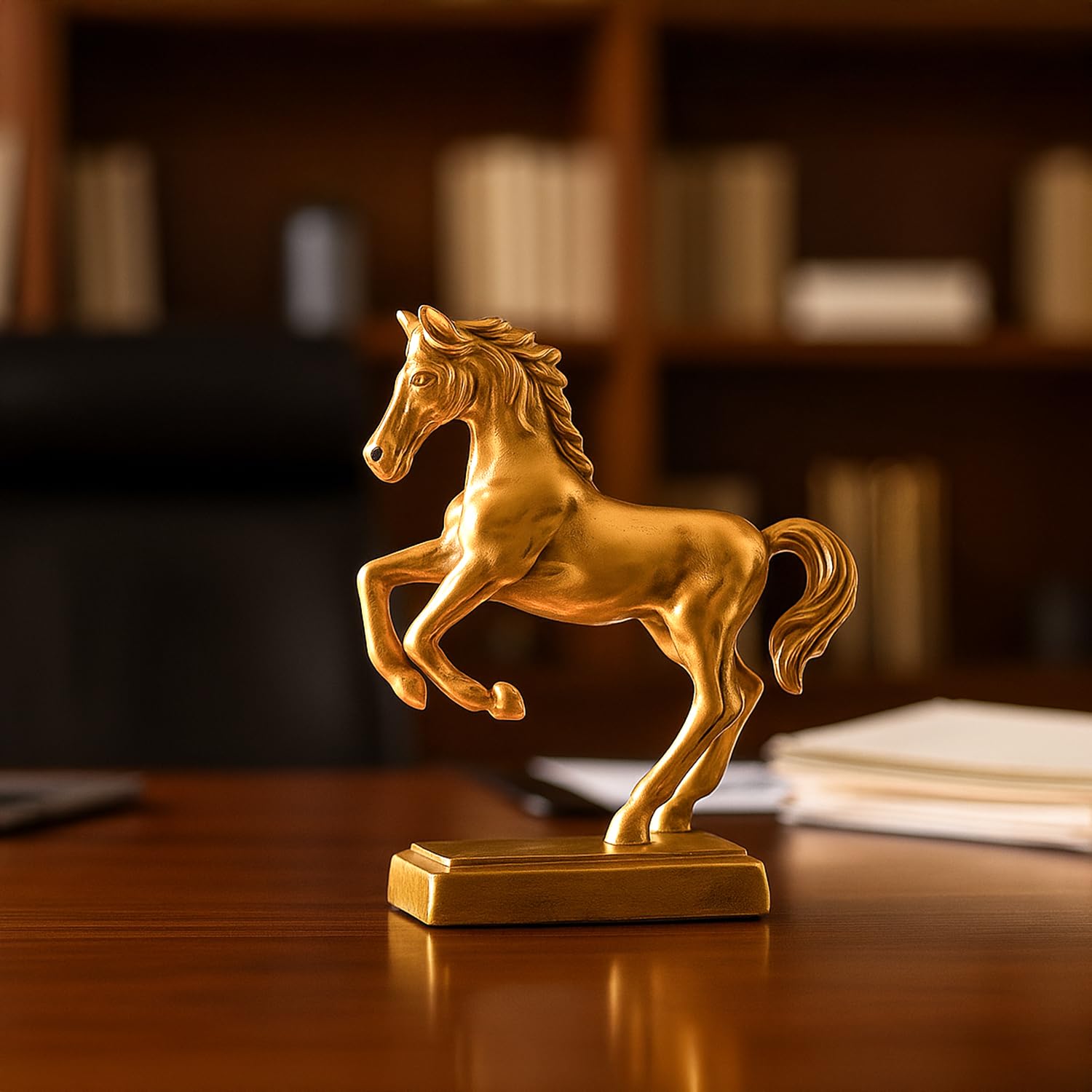 MARKET 99 Dancing Brass Horse Statue for Home Decor | Golden Glossy Aluminium Showpiece with Embossed Finish & Metal Base | Designer Decorative Figurine for Living Room, Table & Office Shelf