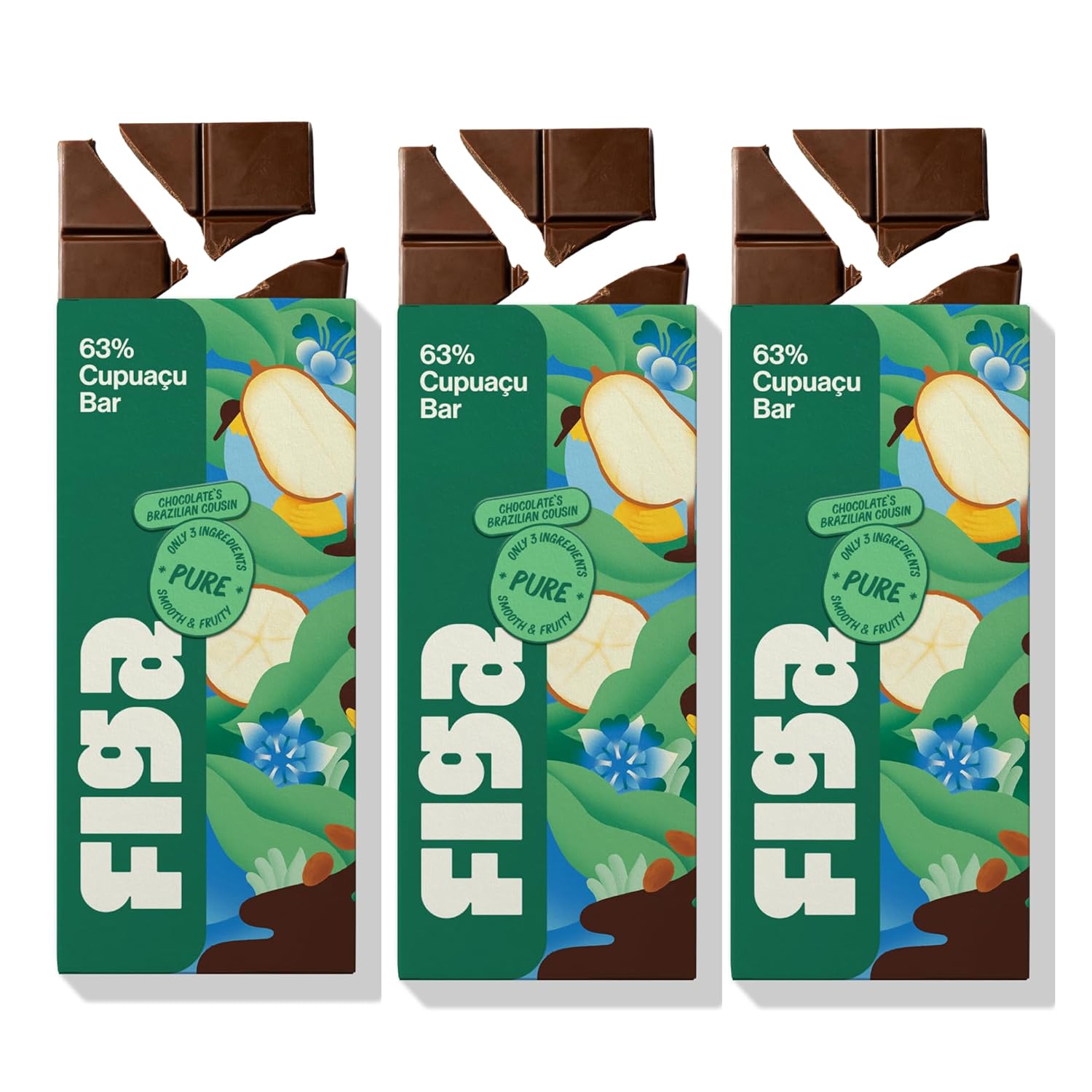 Figa Foods 63% Pure Cupuaçu Bar - Date Sweetened, Vegan, Gluten Free, Caffeine Free, Only 3 Ingredients - Chocolate's Brazilian Cousin [60g] - 3 Pack