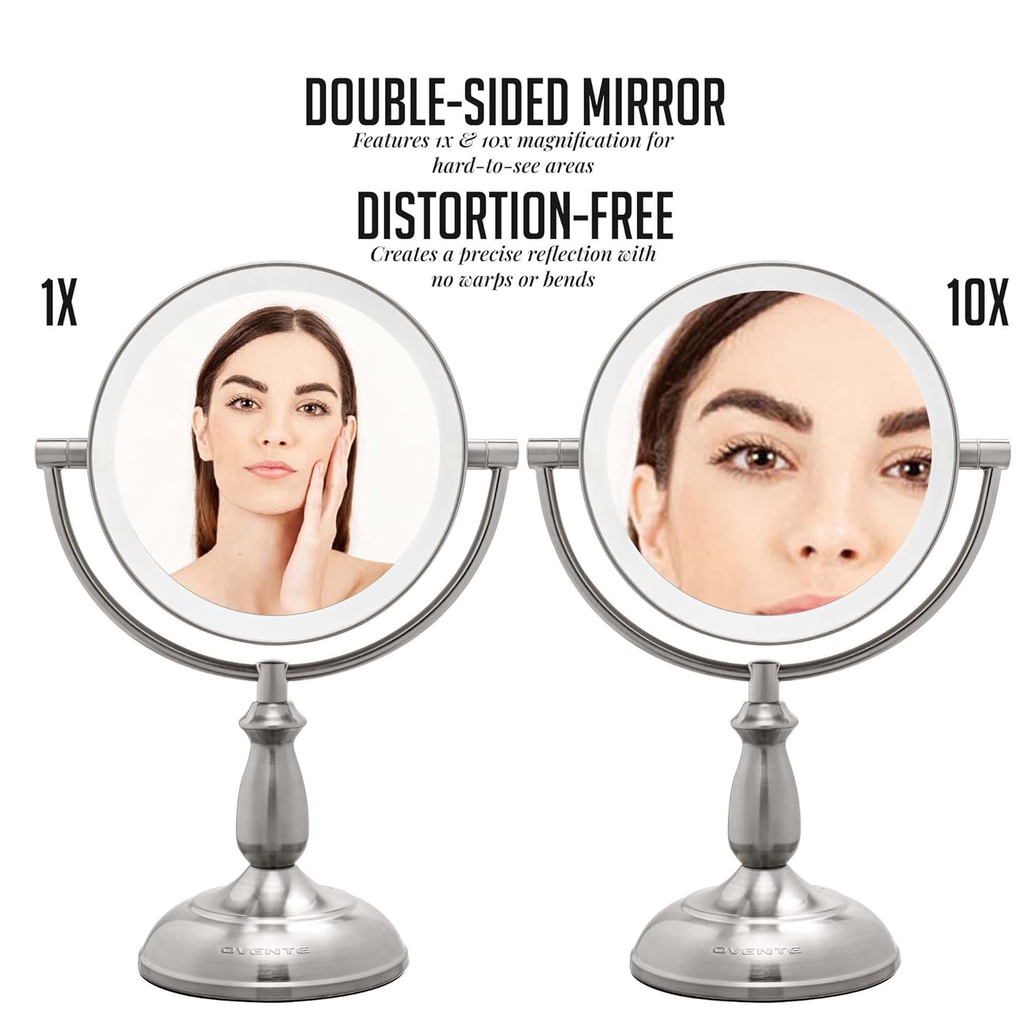 OVENTE 8" Lighted Tabletop Makeup Mirror with 1X/10X Magnification, Double Sided Vanity Mirror, 360° Swivel Design, 3-Tone Smart Touch Glow LED Lights with Auto Shut Off, Nickel Brushed MPT751BR1X10X