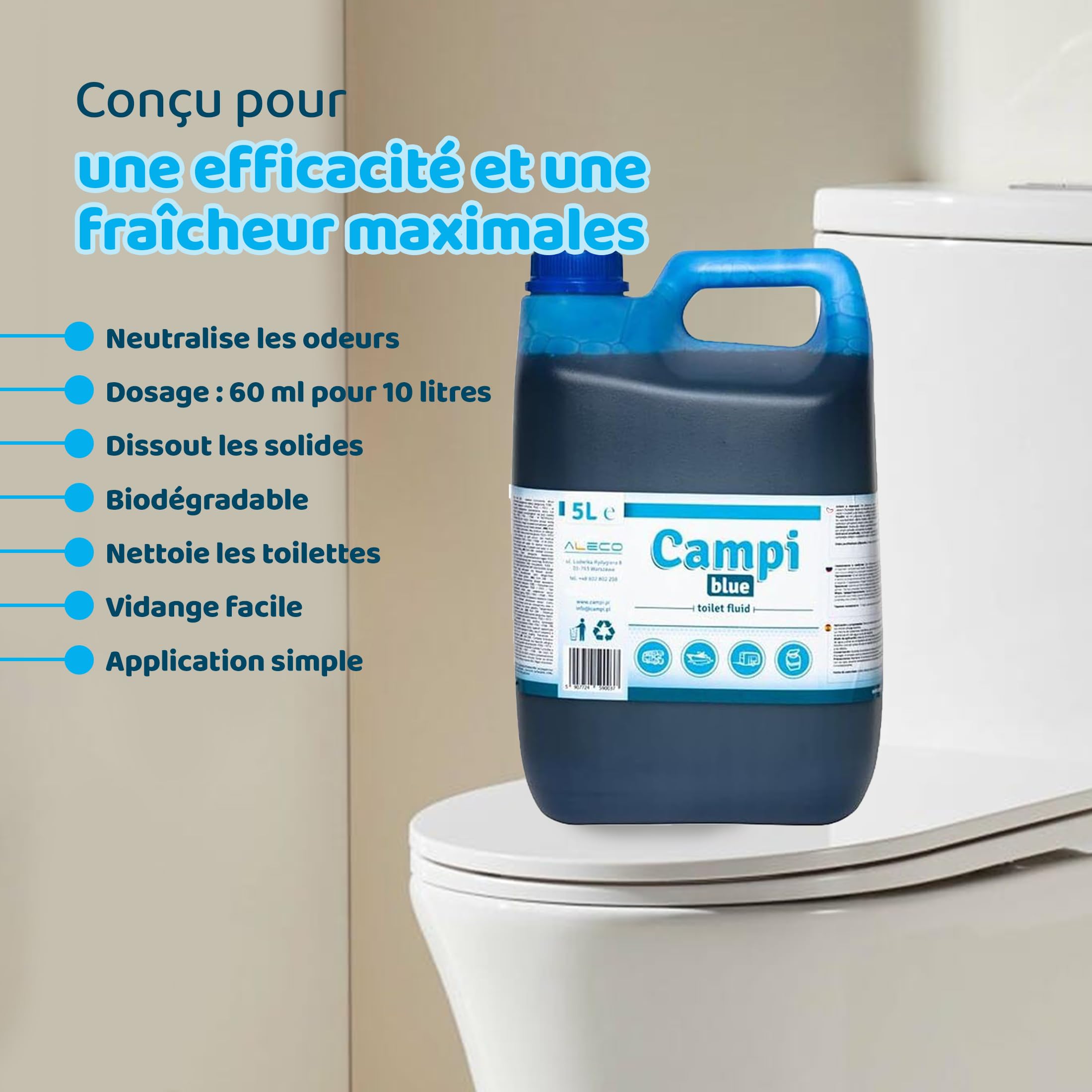 CAMPI Blue 5L – Liquide sanitaire & additif pour toilettes de camping – Produit chimique WC pour toilettes – Pour réservoir d’eaux usées de caravane et camping-car