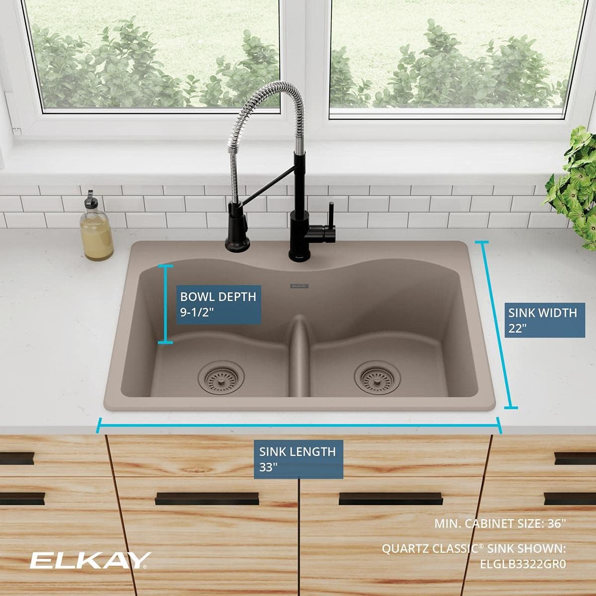 One-Day Sale: Up to 80% Off Elkay Quartz Classic ELGLB3322GR0 Greige Equal Double Bowl Top Mount Sink with Aqua Divide