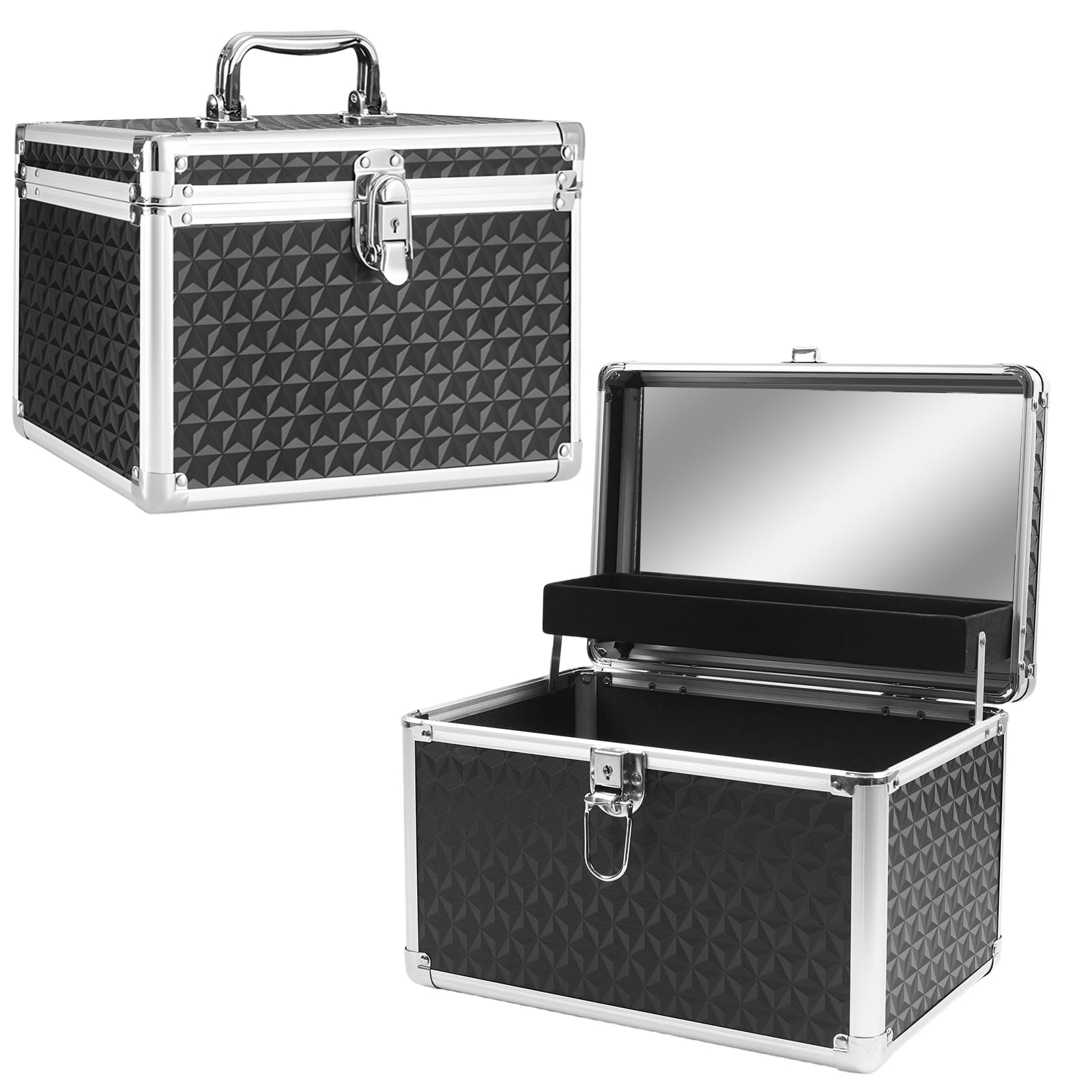 Mallette de maquillage vide verrouillable avec miroir et clé, noire, petite valise cosmétique, Noir , 30 x 20 x 20 cm, Classique