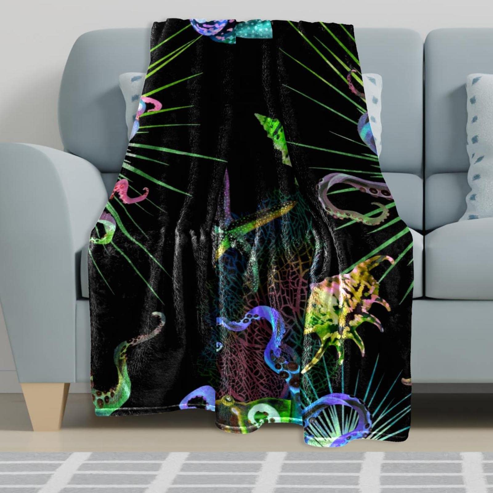 Coperta in pile con stelle marine al neon - morbida e leggera peluche accogliente - perfetta per letto, divano, viaggi, campeggio, 149,9 x 199,9 cm
