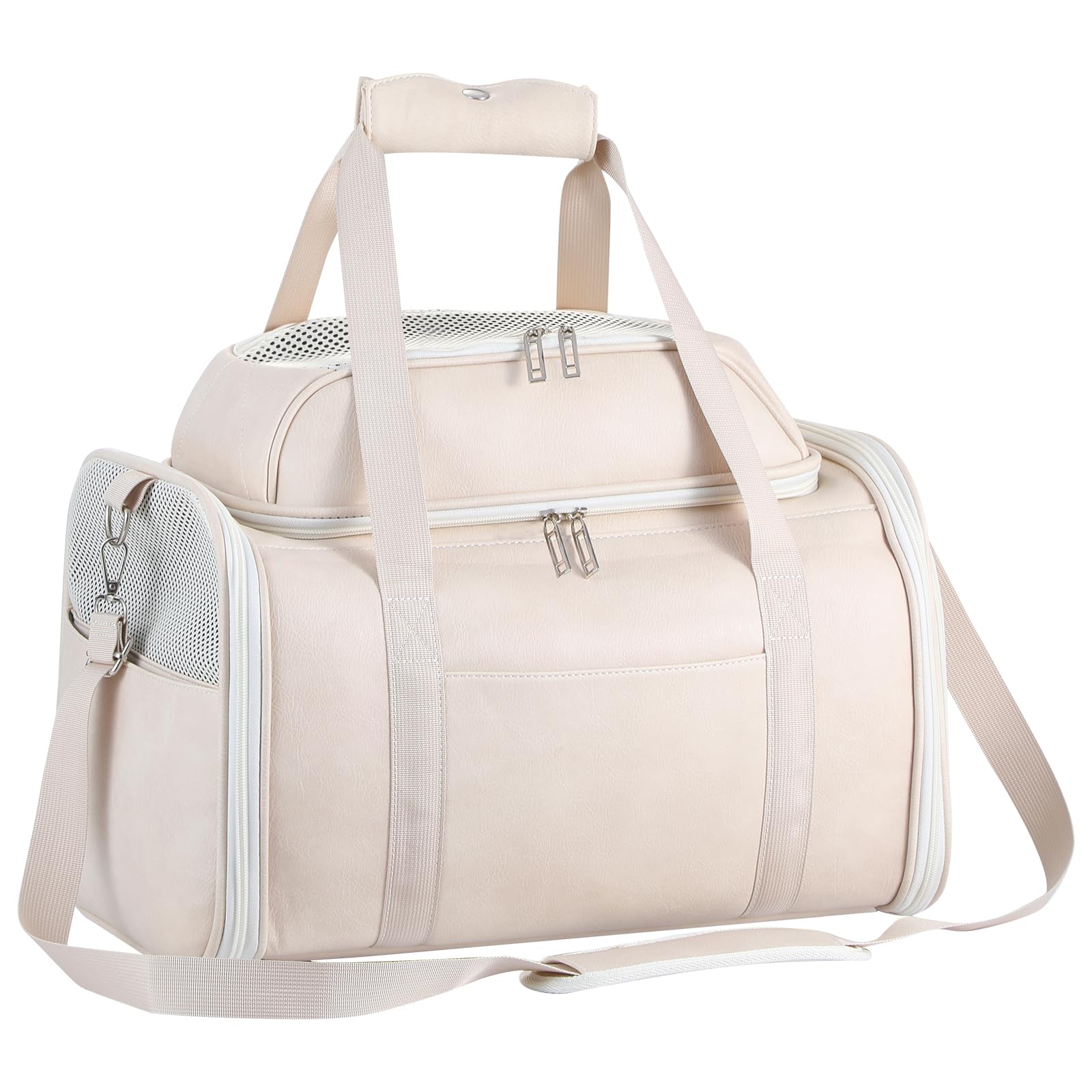 Bosnanller Premium Leather Top Expandable Pet Carrier for Small Dogs & Cats Under 15 lbs, Airline Approved Collapsible Soft-Sided Luxury Travel Bag Beige