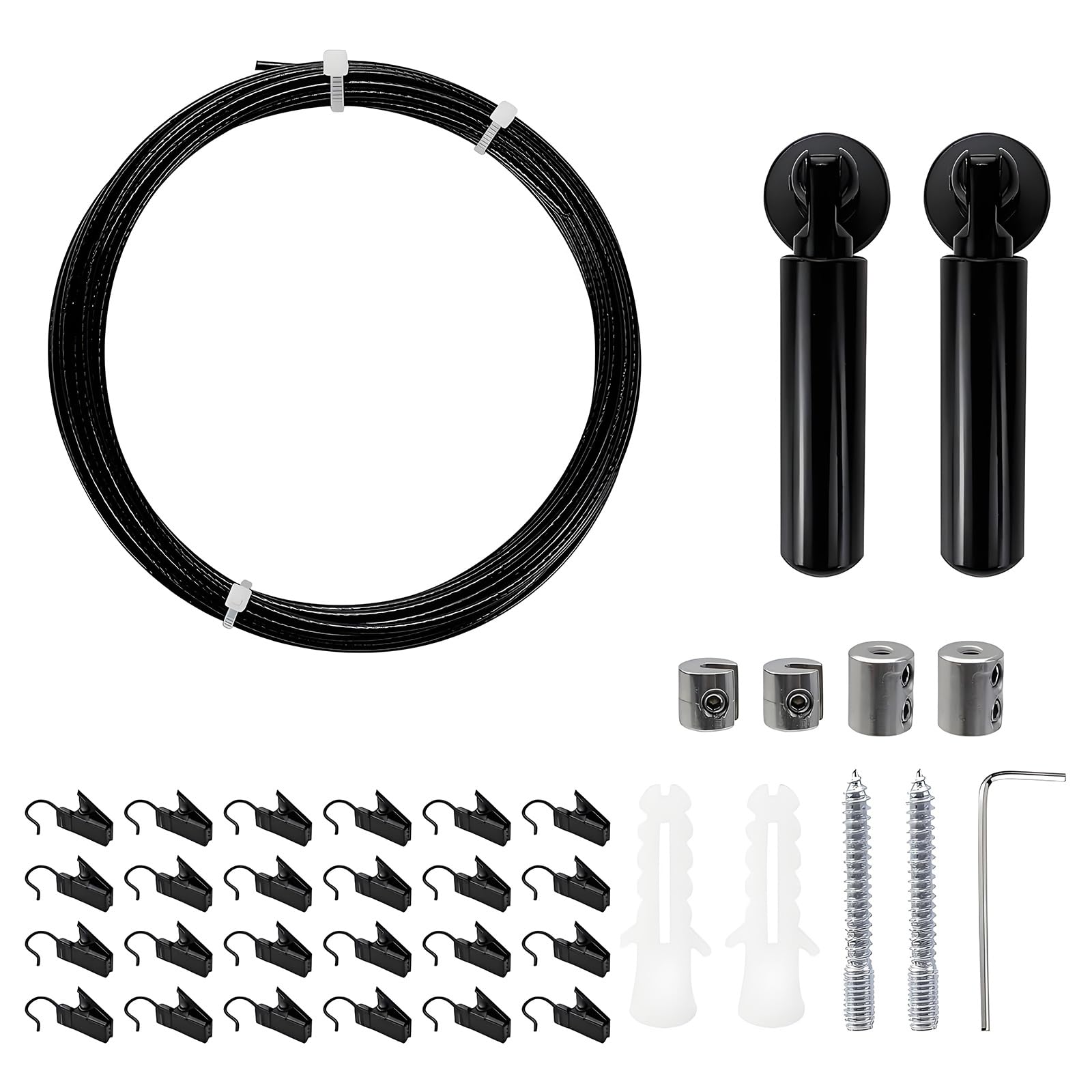 Tsophreniq Black Wall Mount Curtain Wire Rod Set Multifunctional Metal Clothesline Picture Hanging Wire With 24 Clips For Clothes Flexible Curtain Cessation Set